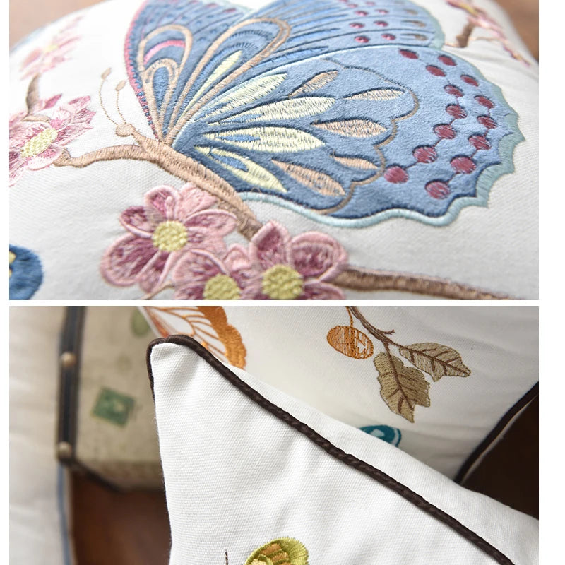 Butterfly Cushion Cover 45x45cm Floral Country Style Pillow Cover Cotton Embroidery Suqare Home decoration for Living Room