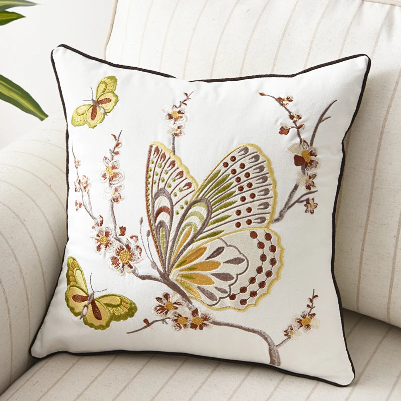 Butterfly Cushion Cover 45x45cm Floral Country Style Pillow Cover Cotton Embroidery Suqare Home decoration for Living Room