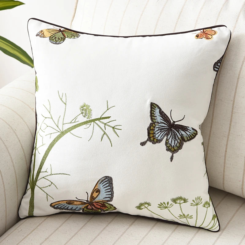 Butterfly Cushion Cover 45x45cm Floral Country Style Pillow Cover Cotton Embroidery Suqare Home decoration for Living Room