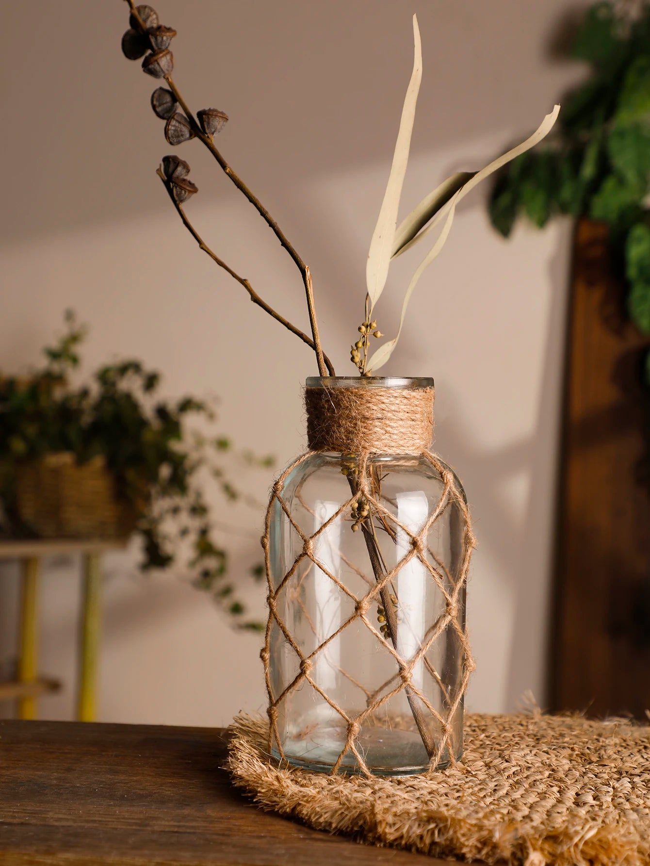 Rustic Hanging Glass Vase with Art Hemp Rope ,Rope Net Dry Flower Glass Vase,Home Transparent Living Room Decor,Table Decoration