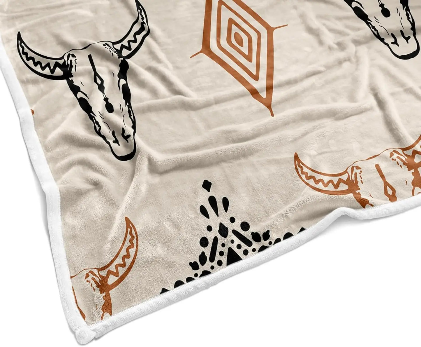 Western Boho Throw Blanket, Native Aztec Tribal Bull Skull Southwestern Cow Bohemian Geometric Pattern Beige Flannel Blanket for
