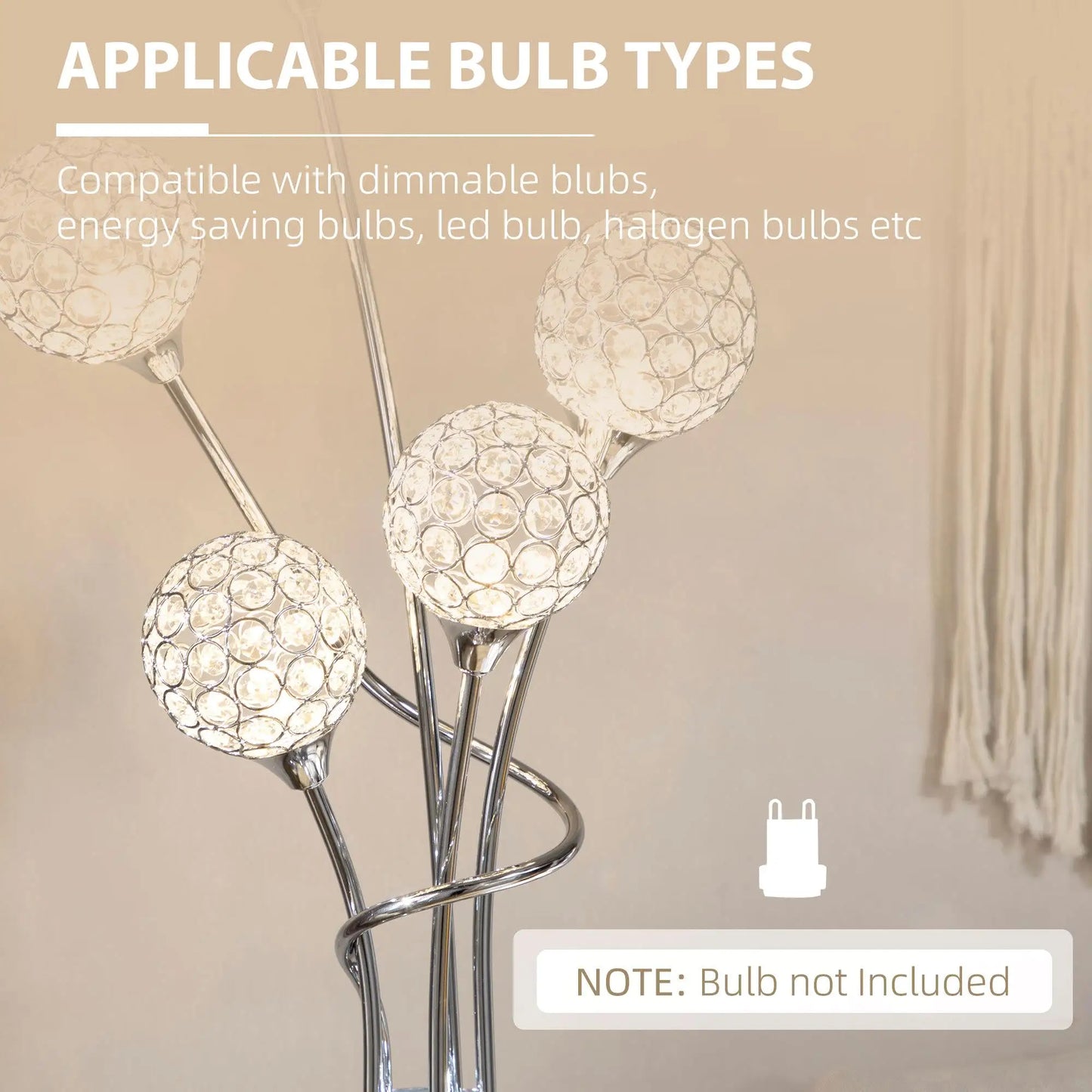 Elegant 5 Light Crystal Floor Lamp for living Room and Bedroom Modern Standing Lighting Silver Finish Home Decor 34x25x156cm