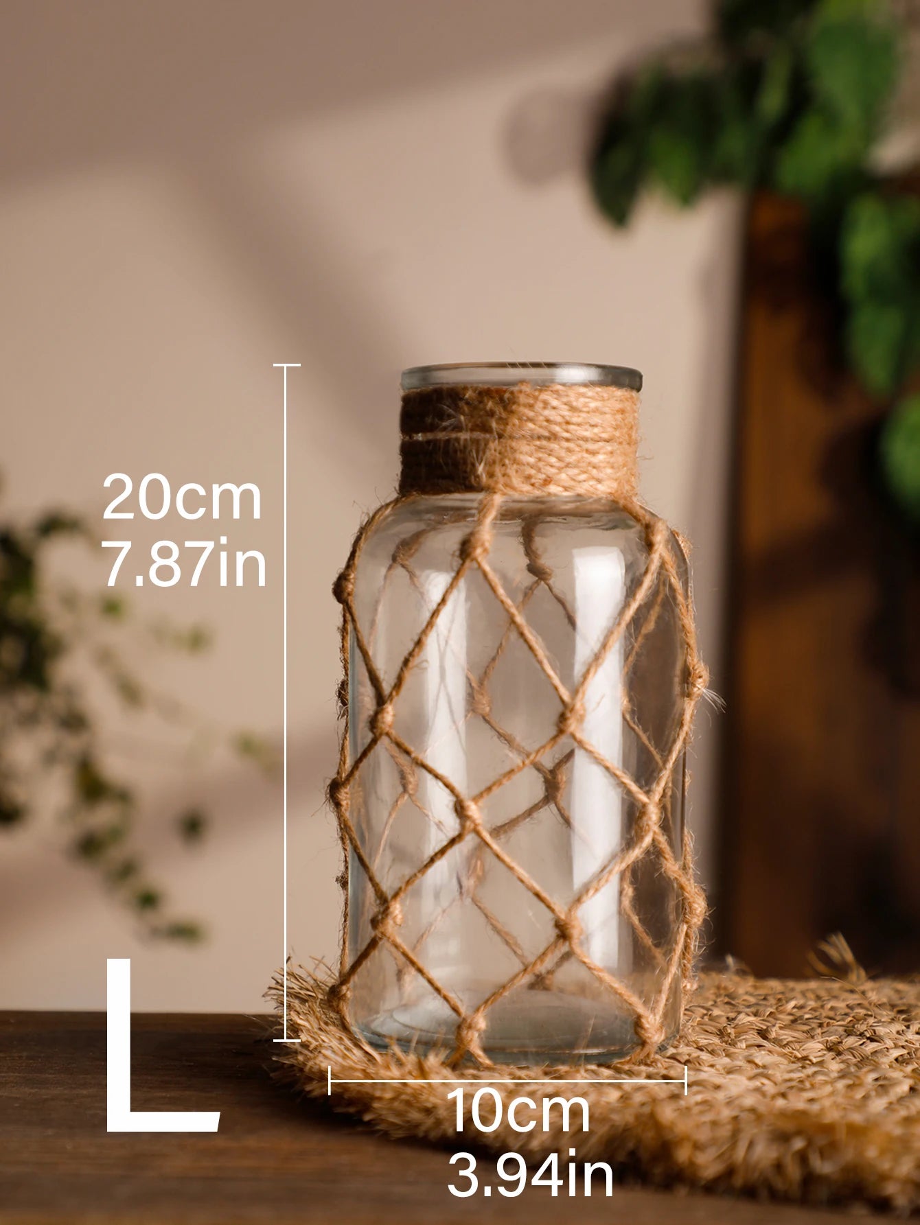 Rustic Hanging Glass Vase with Art Hemp Rope ,Rope Net Dry Flower Glass Vase,Home Transparent Living Room Decor,Table Decoration