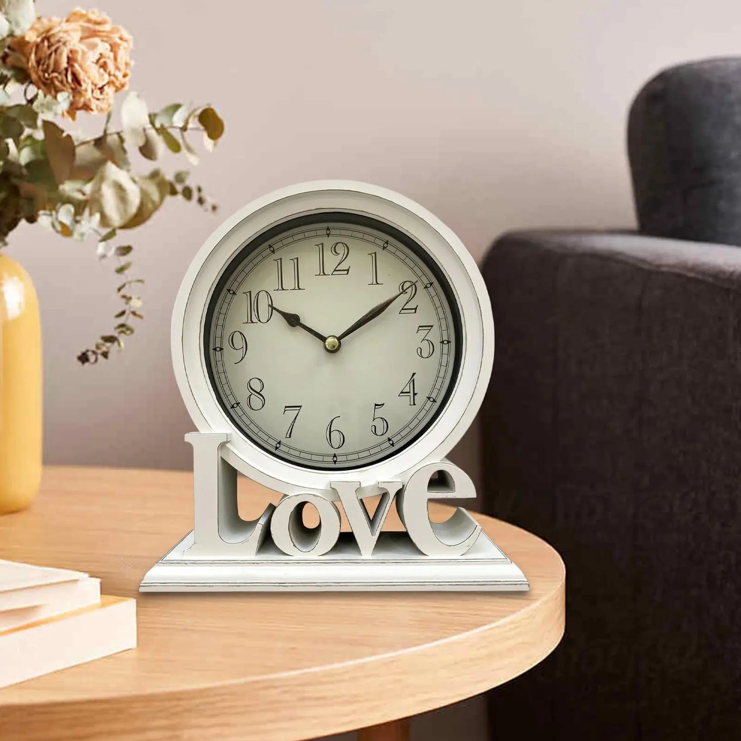 Round Desk Clock Mantel Clocks Non Ticking Love Decorative Watches Table Clocks for Office Living Room Bedroom Farmhouse Decors