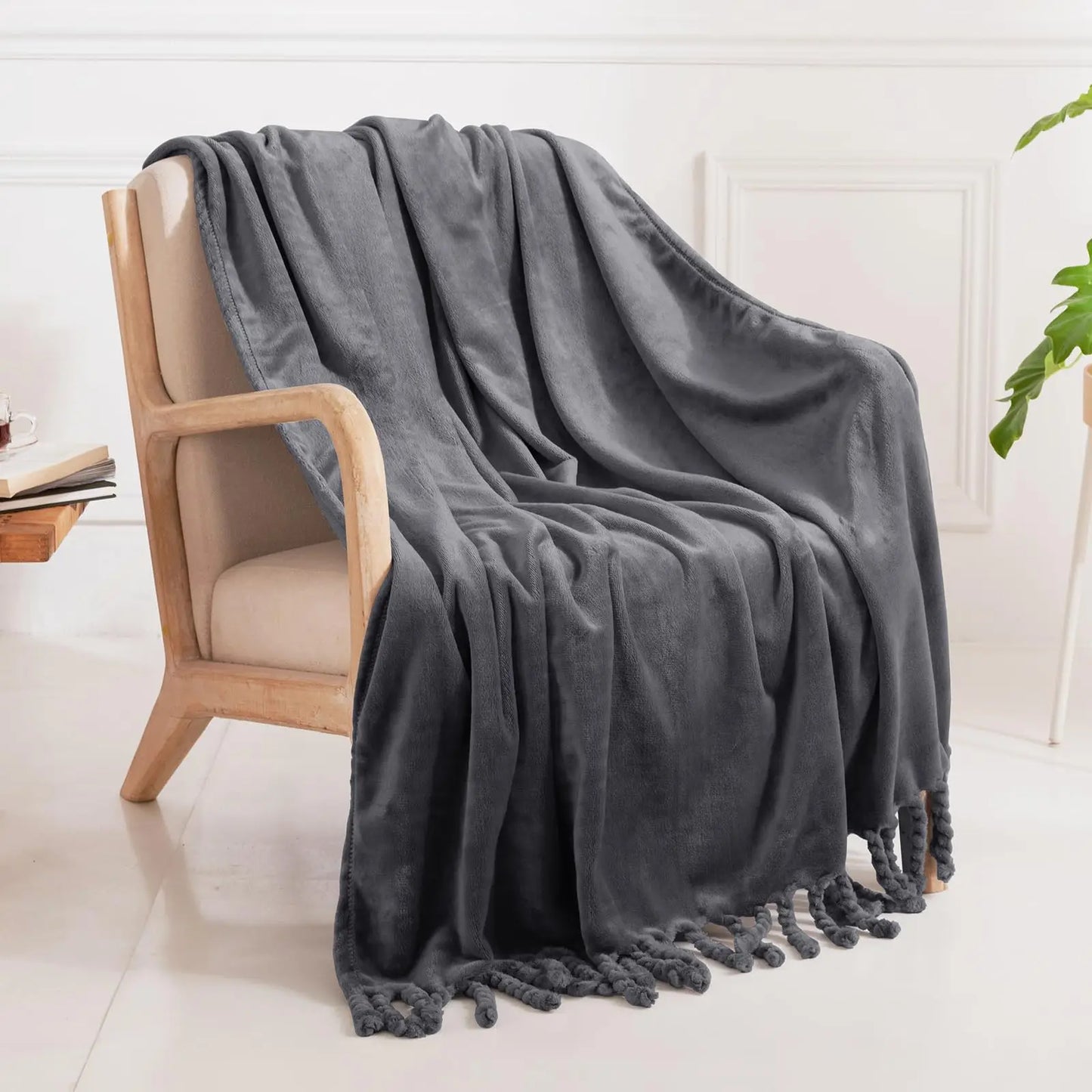 Good Nite Throw Blanket Fluffy Fleece Blanket Sofa for Bed Flannel Blankets with Fringes (127 x 152 cm, Grey)