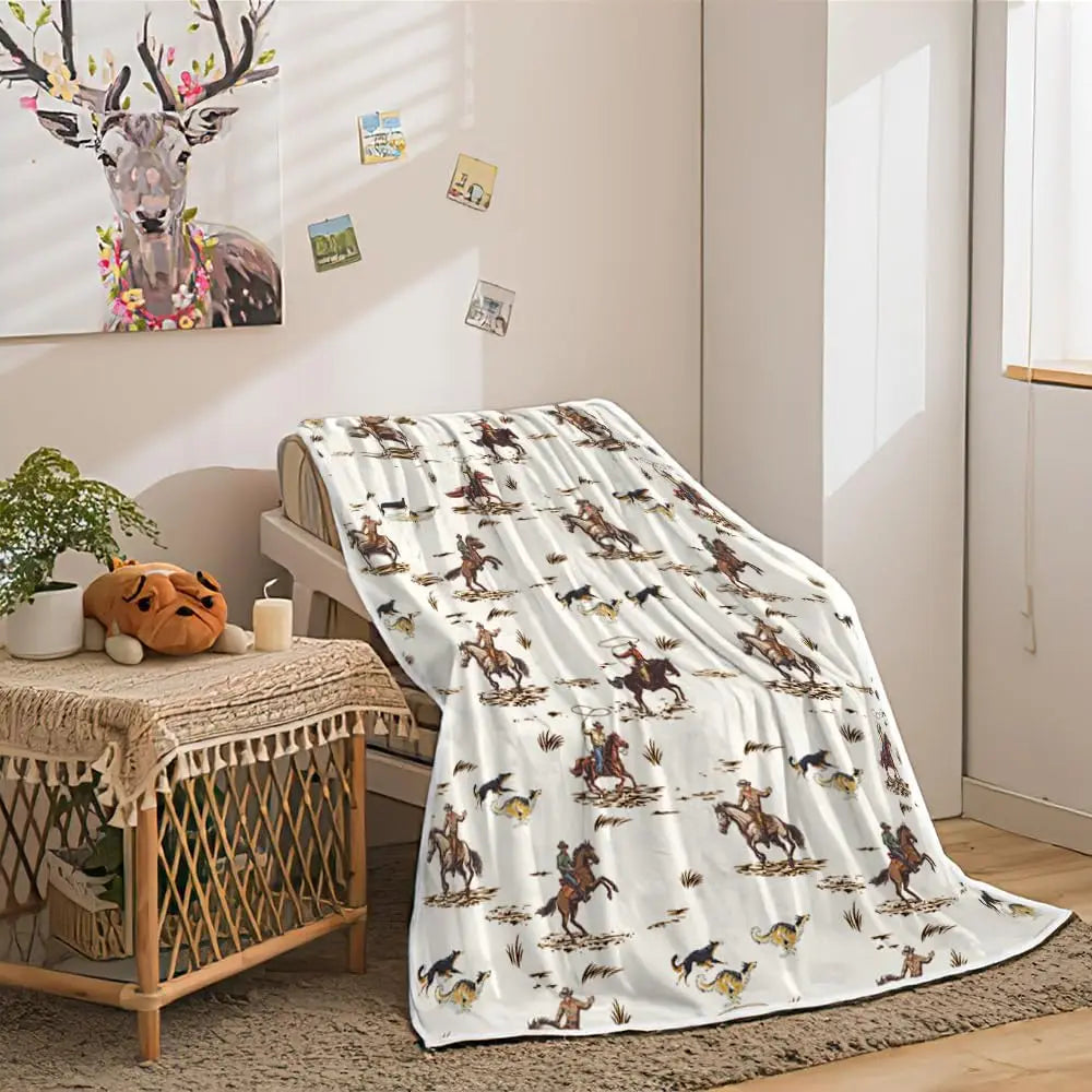 Western Boho Throw Blanket, Native Aztec Tribal Bull Skull Southwestern Cow Bohemian Geometric Pattern Beige Flannel Blanket for