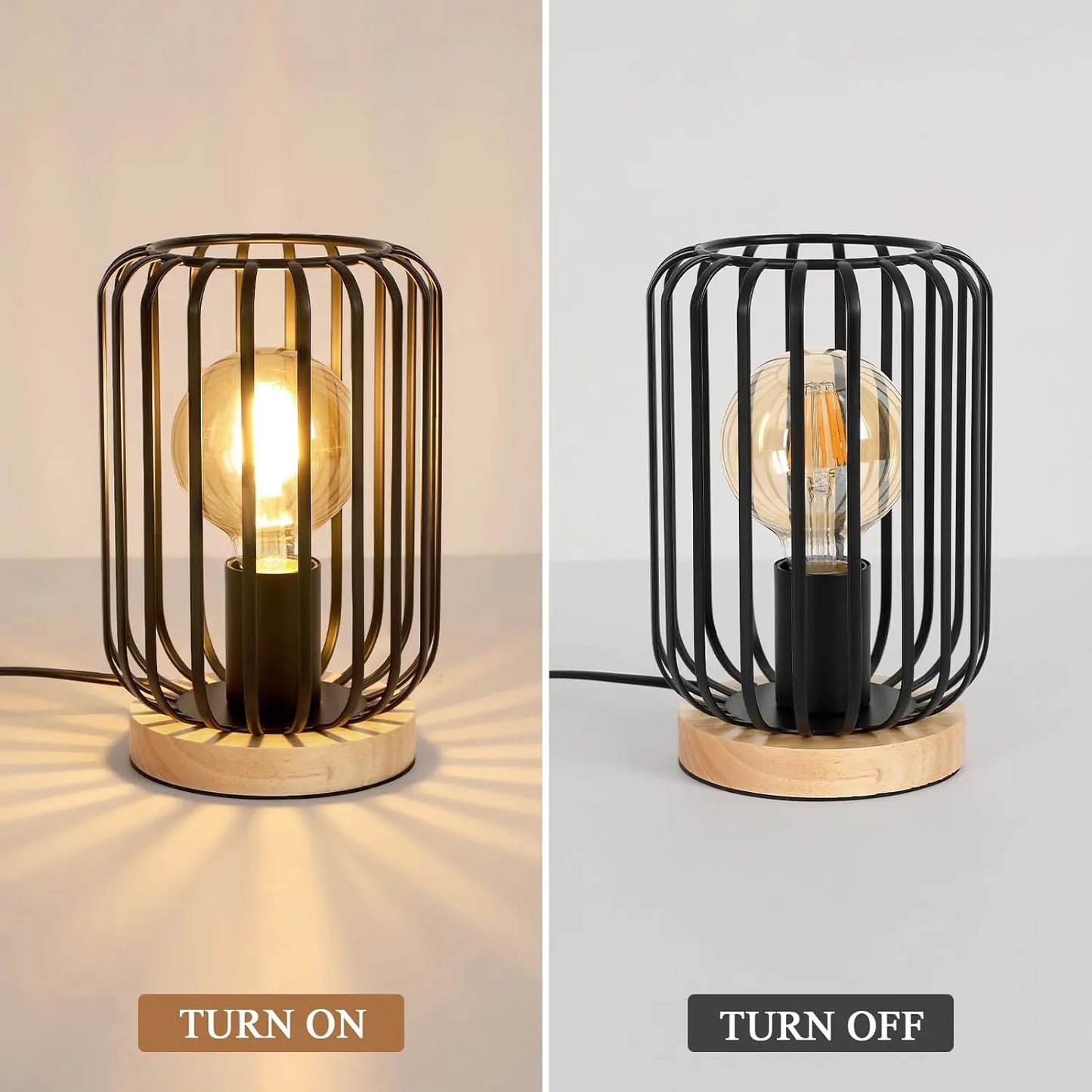 Vintage Desk Lamp,Bedside Lamp Bedroom Cage for E27 Bulb, 60W Black Wood & Metal Table Lamp for Bedroom(Bulb not included)