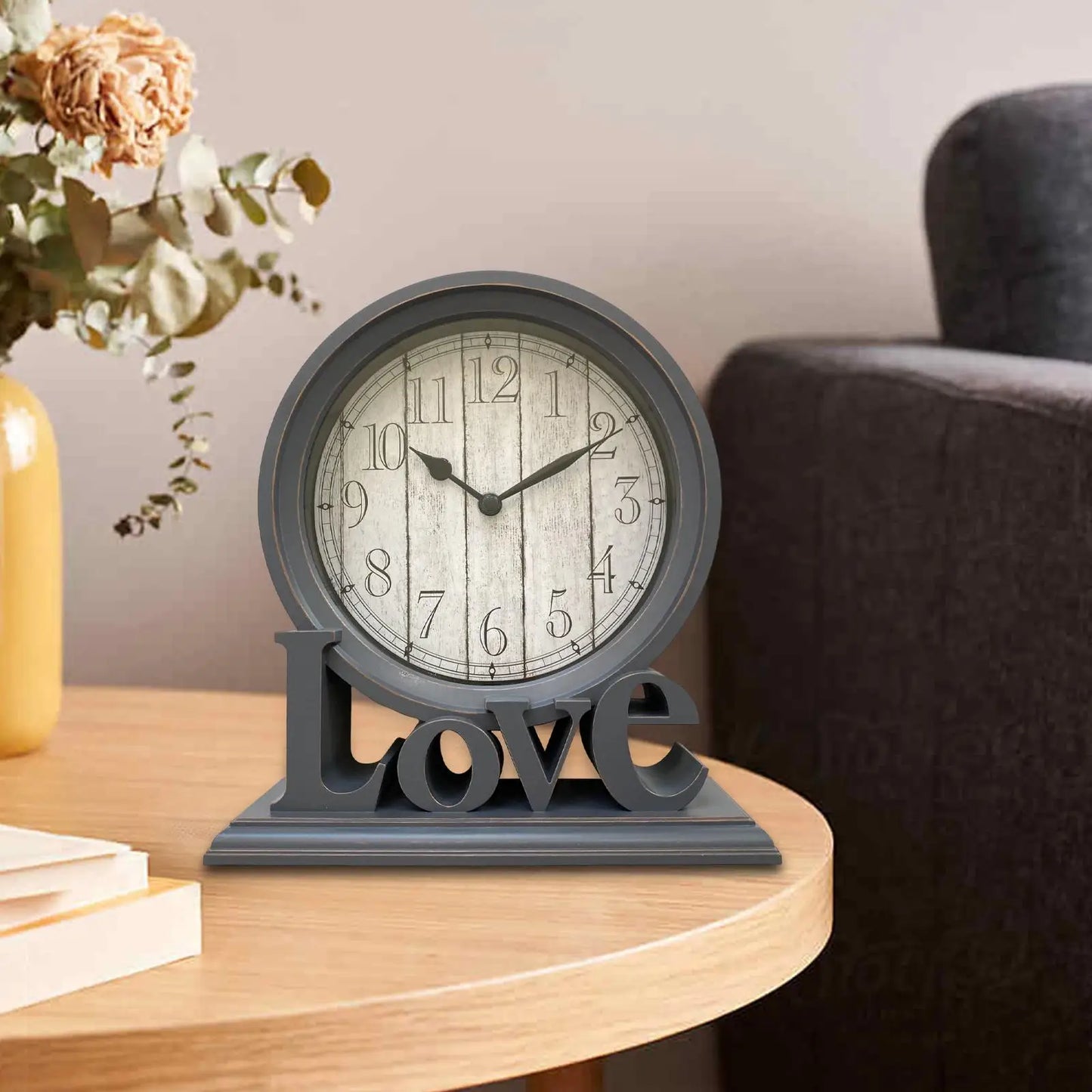 Round Desk Clock Mantel Clocks Non Ticking Love Decorative Watches Table Clocks for Office Living Room Bedroom Farmhouse Decors