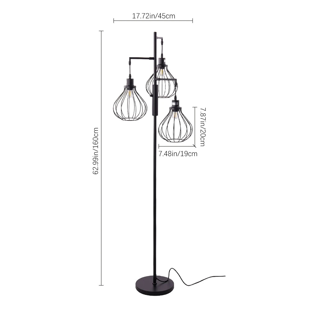 KOMORE Black Modern Industrial Style 3-head Floor Lamp with Irregular Shade for Living Room Office, Bedroom, Hallway, Porch
