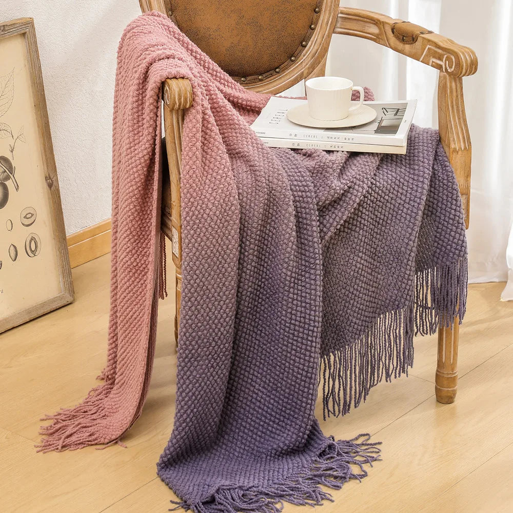 Gradient Knitted Sofa Throw Fringed Acrylic Blanket with Gradient Colors, 4 Seasons Use Soft Fleece-Like Fabric & Anti-Pilling