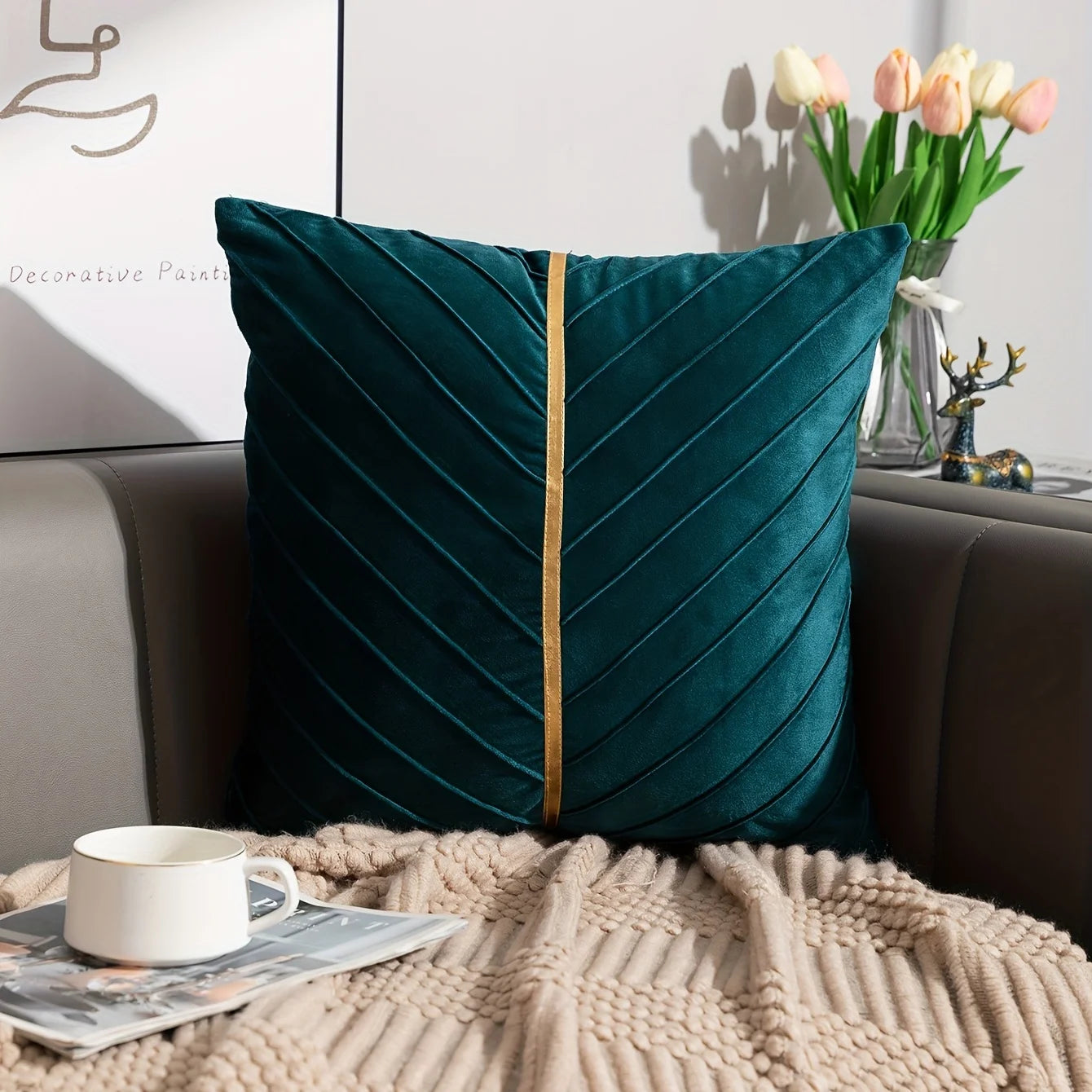 1pc, Golden Velvet Embossed Square Cushion Cover - Soft AndLuxurious Pillow for Home, Bedroom, Car, and Living Room Decor