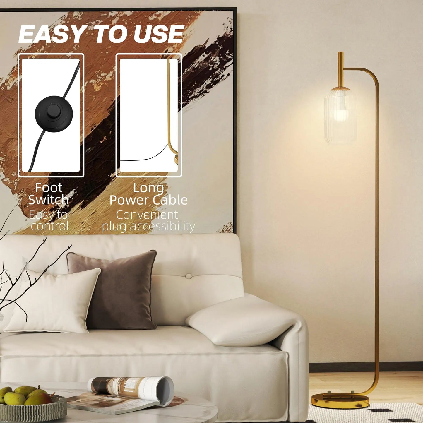 Modern Gold Floor Lamp with Glass Shade Stylish Standing Light for living Room for bedroom Foot Switch Design Bulb Not