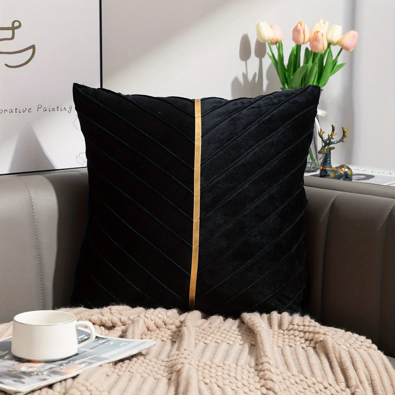 1pc, Golden Velvet Embossed Square Cushion Cover - Soft AndLuxurious Pillow for Home, Bedroom, Car, and Living Room Decor