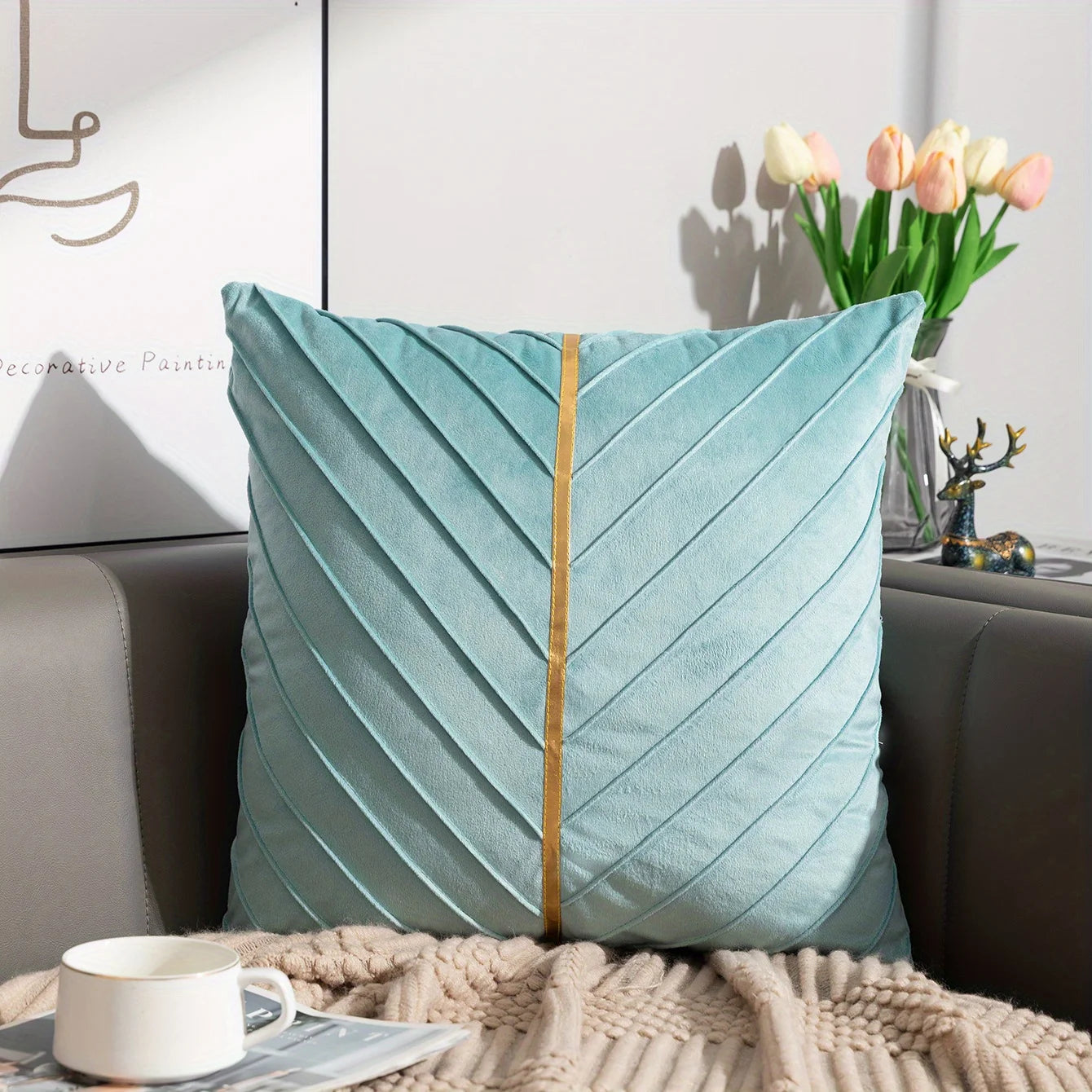 1pc, Golden Velvet Embossed Square Cushion Cover - Soft AndLuxurious Pillow for Home, Bedroom, Car, and Living Room Decor