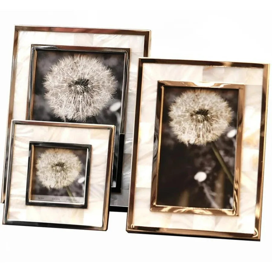 Golden Alloy Photo Frame Natural Shell Material Framed Family Portrait Nightstand Desk Decoration 4/6/7 Inch Picture Frames