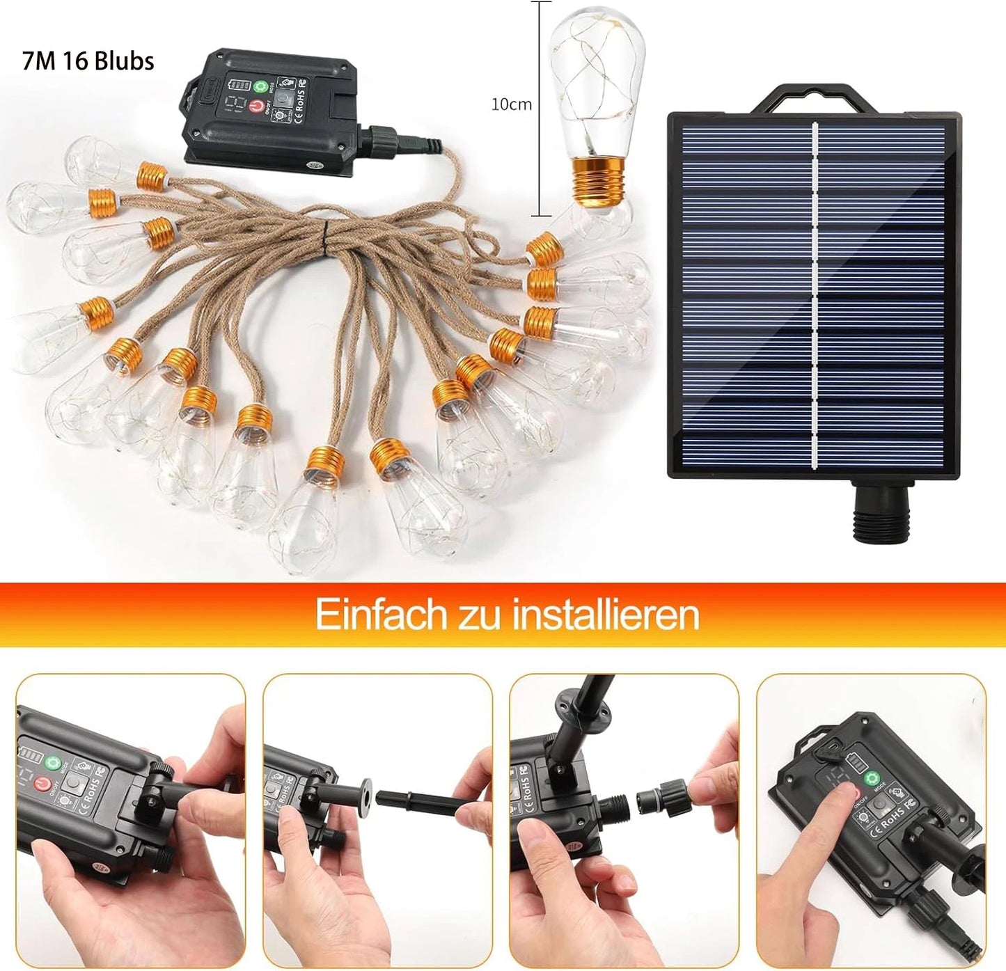 Solar Patio String Light 7m 16 Bulbs 8 Modes Fairy Light Outdoor Waterproof Lamp For Garden Fence Balcony Party Christmas Decor