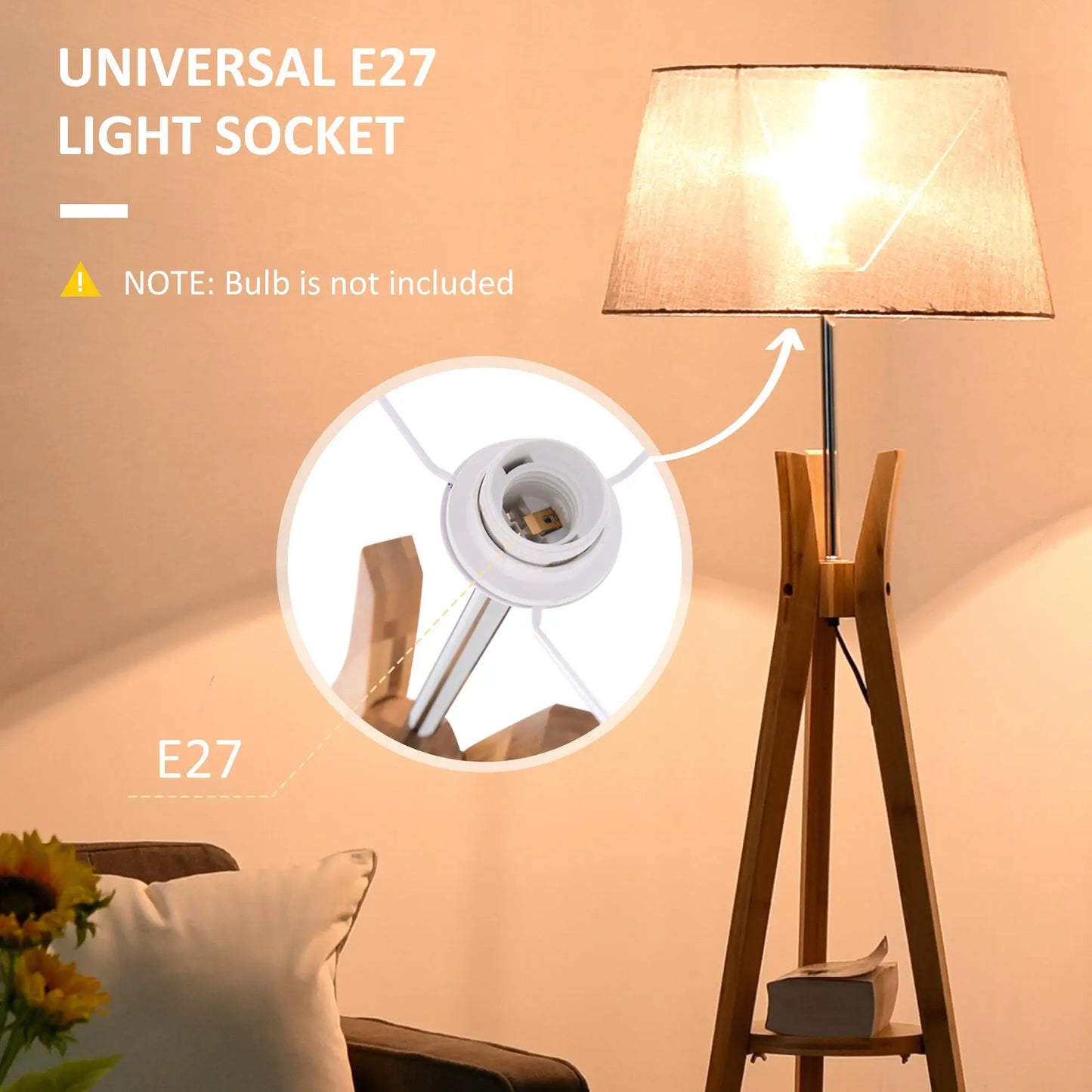 Natural Wood Tripod Floor Lamp with E27 Base Fabric Shade for Bedroom Living Room Storage Shelf Foot Switch 156cm Grey
