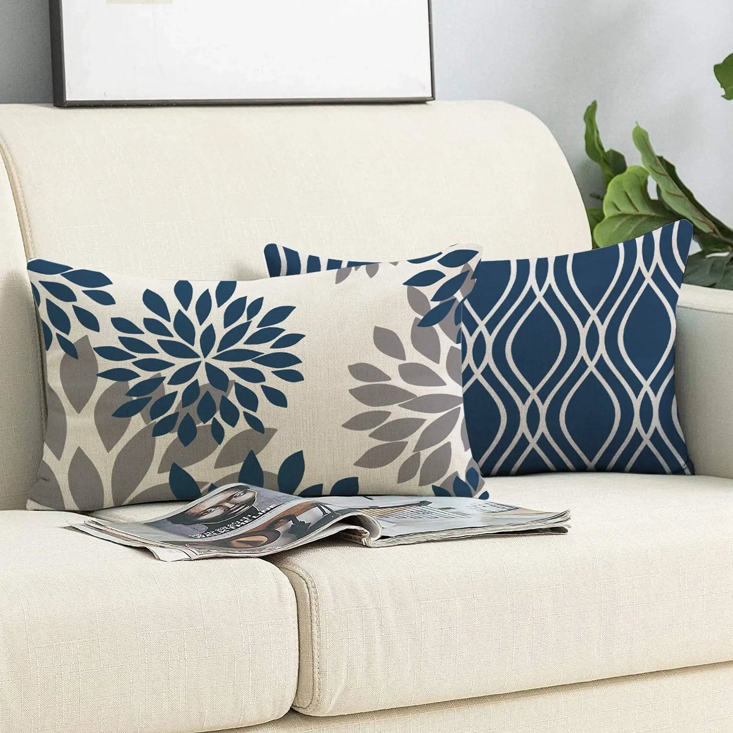 Blue white geometric linen pillowcase sofa cushion cover home decoration can be customized for you 30x50 40x60