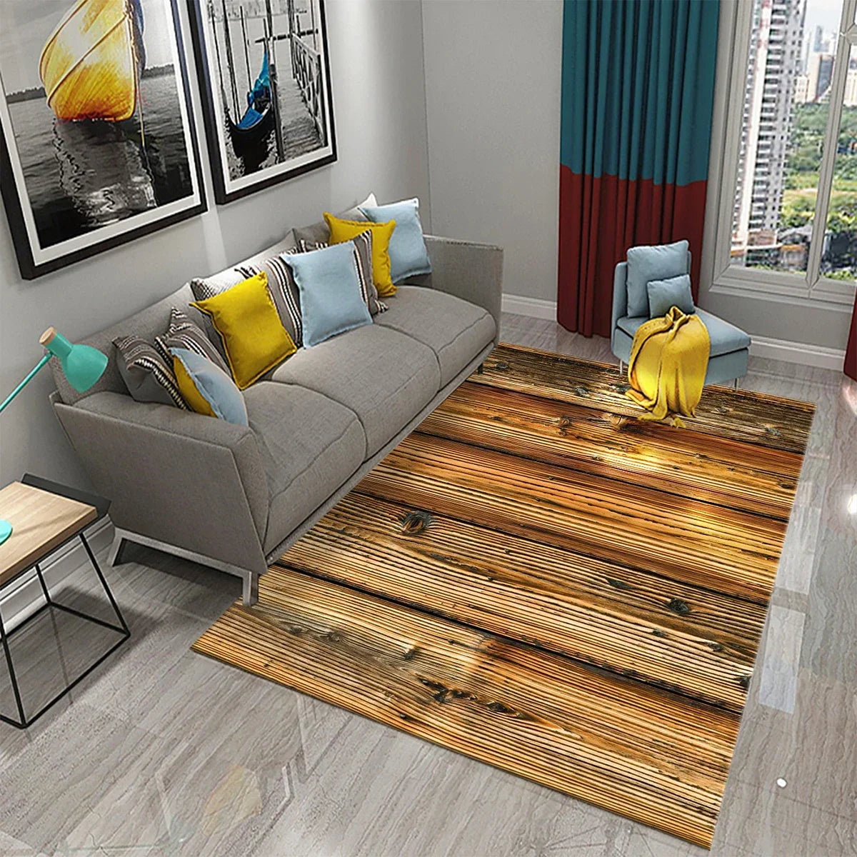 Chic Square Geometric Wood Texture Carpet NonSlip Living Room Sofa Decor Rug Bedroom Rug Hallway Runner Laundry Room Decor Mat