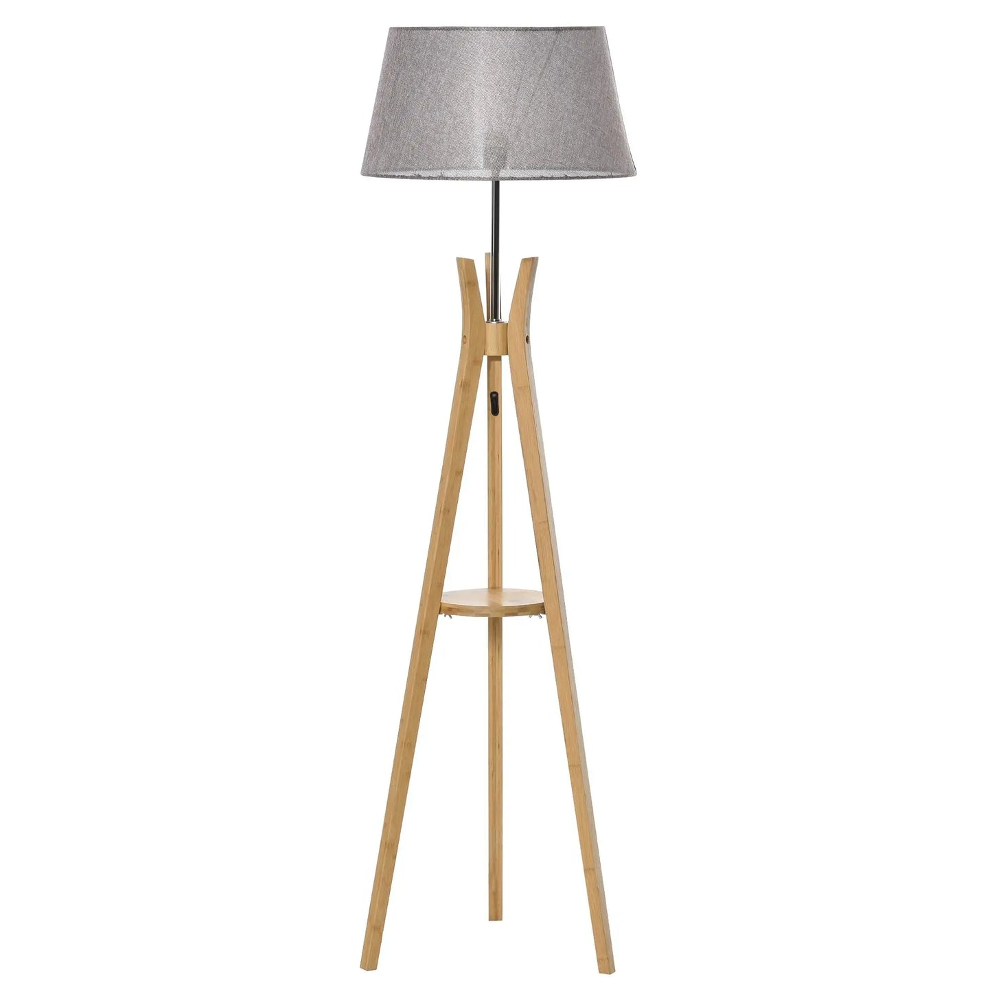Natural Wood Tripod Floor Lamp with E27 Base Fabric Shade for Bedroom Living Room Storage Shelf Foot Switch 156cm Grey
