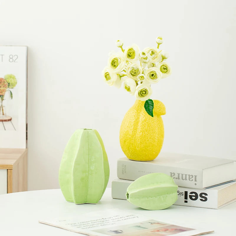 Shumen Lemon Fruit Ceramic Flower Vase for Living Room Table - Simulated Flower Arrangement Set for Luxury and Sophistication De