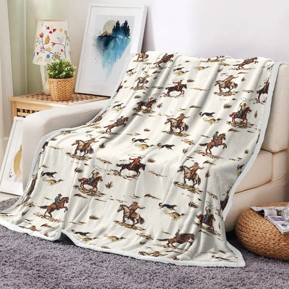 Western Boho Throw Blanket, Native Aztec Tribal Bull Skull Southwestern Cow Bohemian Geometric Pattern Beige Flannel Blanket for
