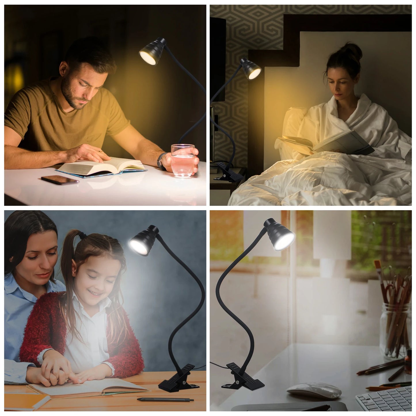 5W 24LEDs Table Desk Lamp Reading Beside Light Clamp CLip Lighting Fixture USB Powered Operated 3 Colors Mode 10 Levels Dimmer