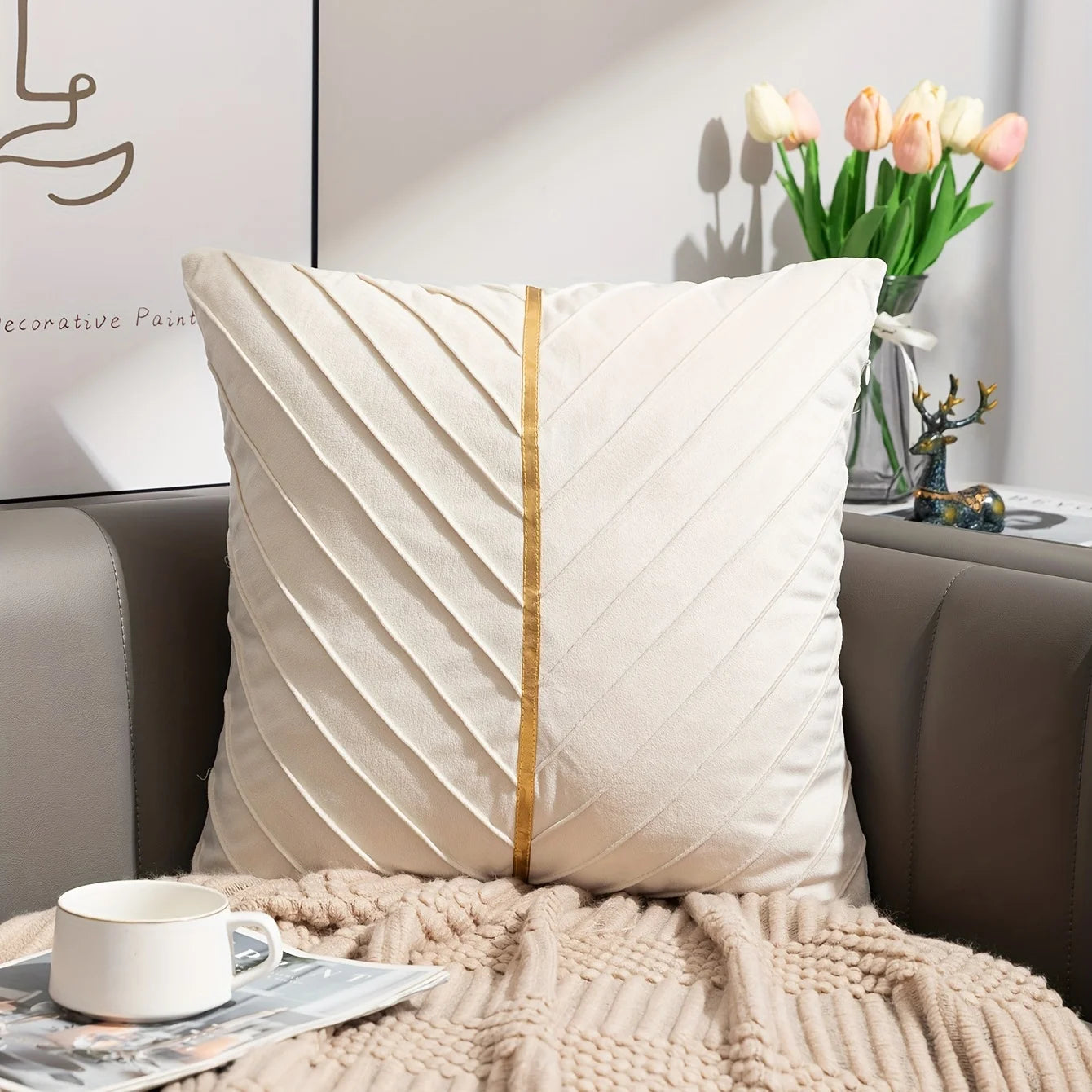 1pc, Golden Velvet Embossed Square Cushion Cover - Soft AndLuxurious Pillow for Home, Bedroom, Car, and Living Room Decor