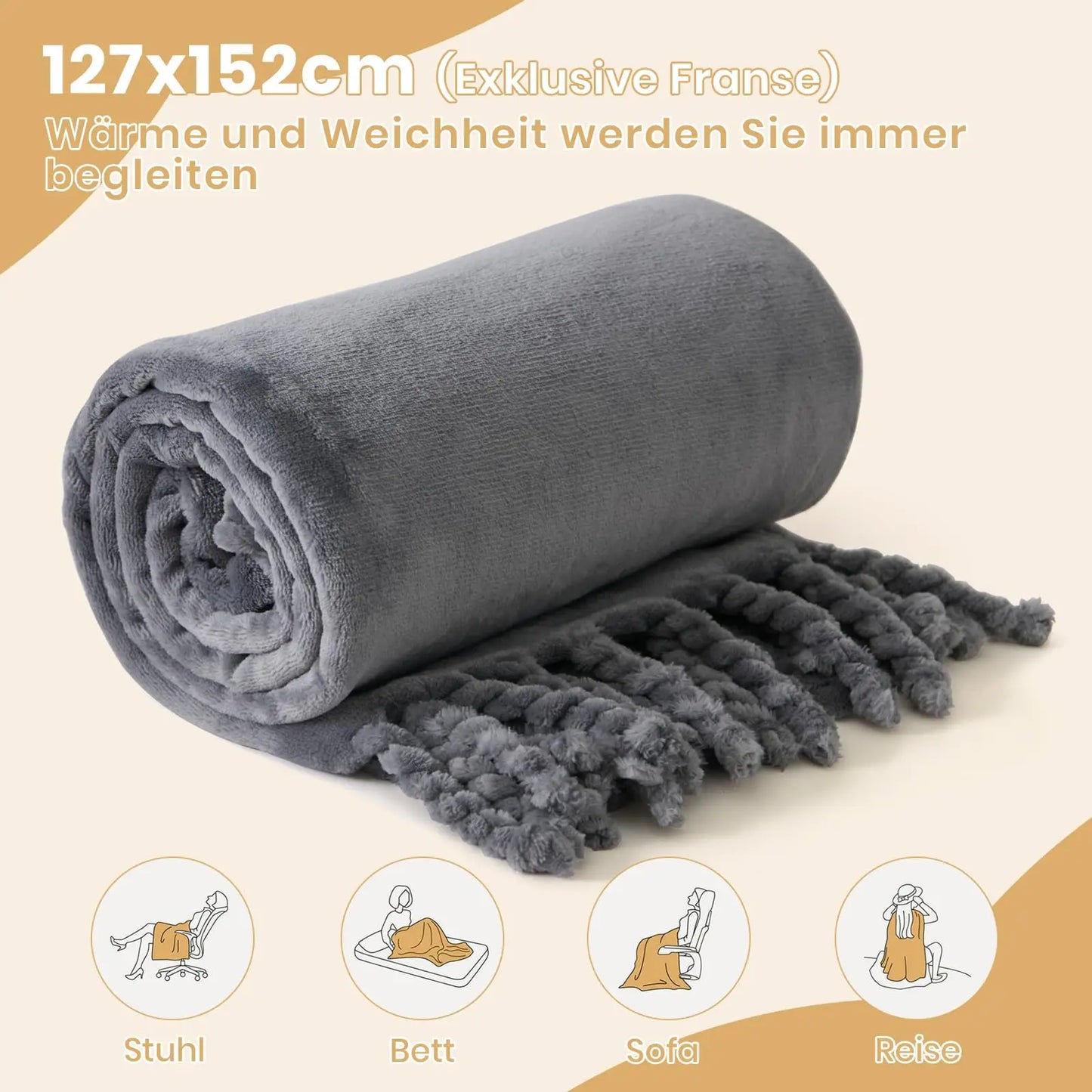 Good Nite Throw Blanket Fluffy Fleece Blanket Sofa for Bed Flannel Blankets with Fringes (127 x 152 cm, Grey)