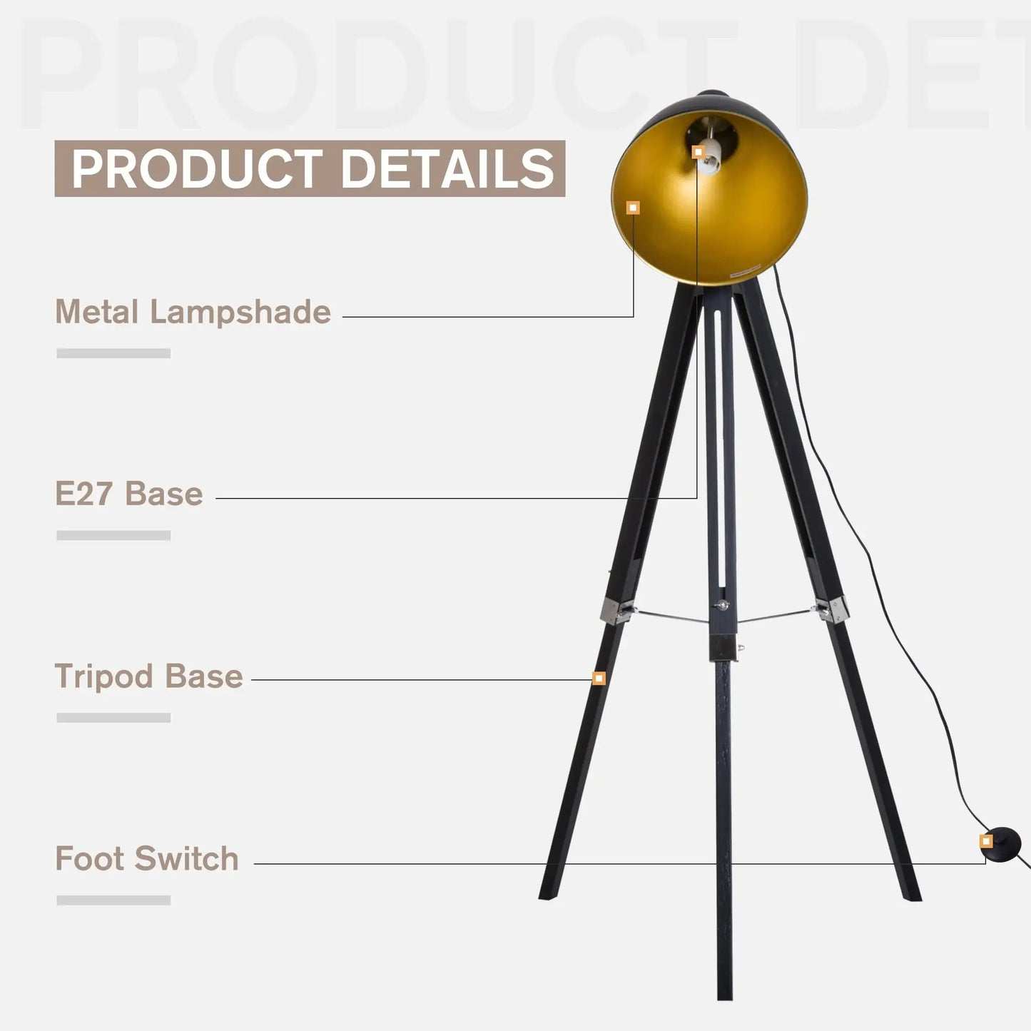 Adjustable Height Spotlight Tripod Floor Lamp Black Gold Wood Legs for living Room Bedroom Office Reading Lighting