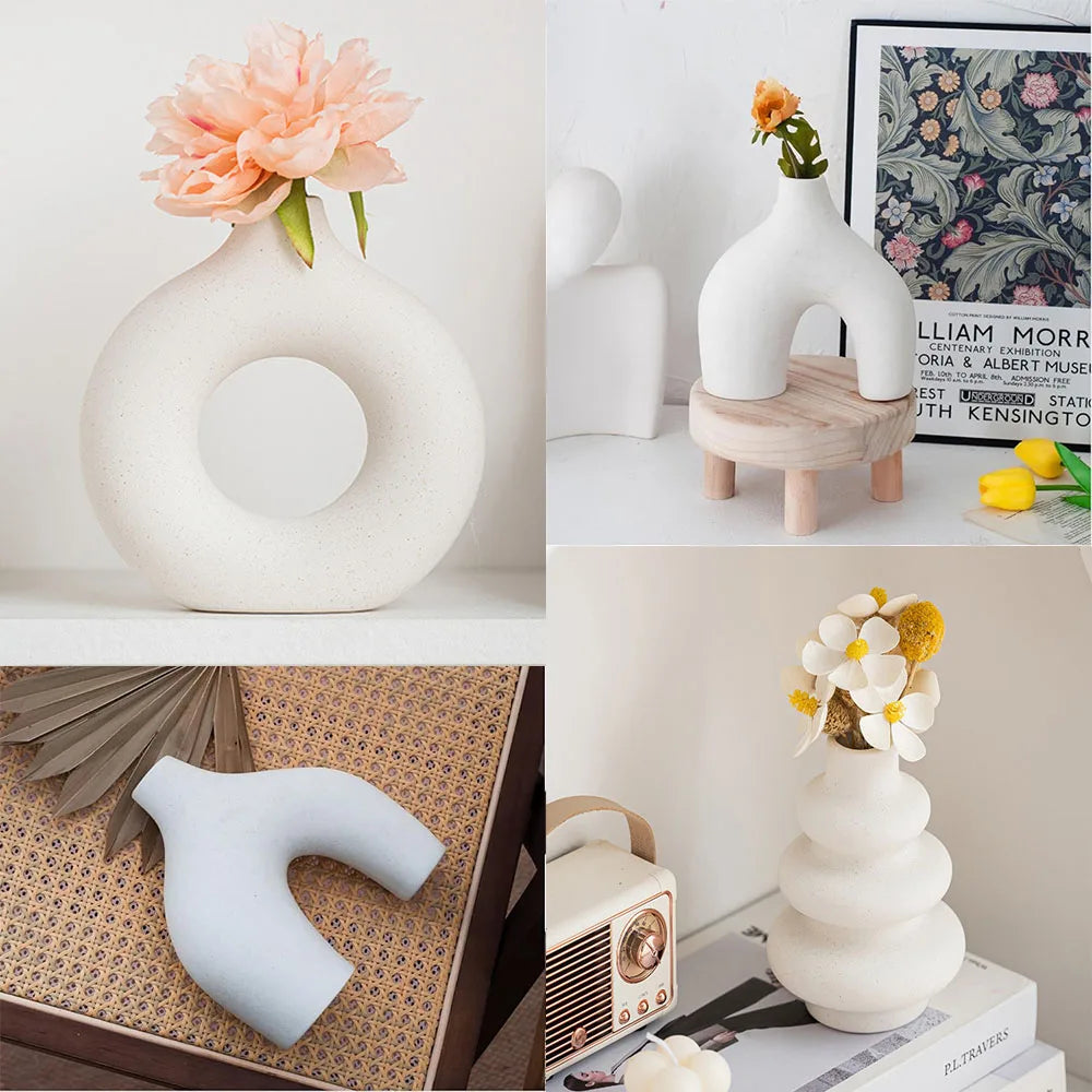White Vase Home Decor Set of 3 Modern Vase for Table Decor, Nordic Flower Ceramic Vases for Bookshelf, Entry Way, Dining Desk