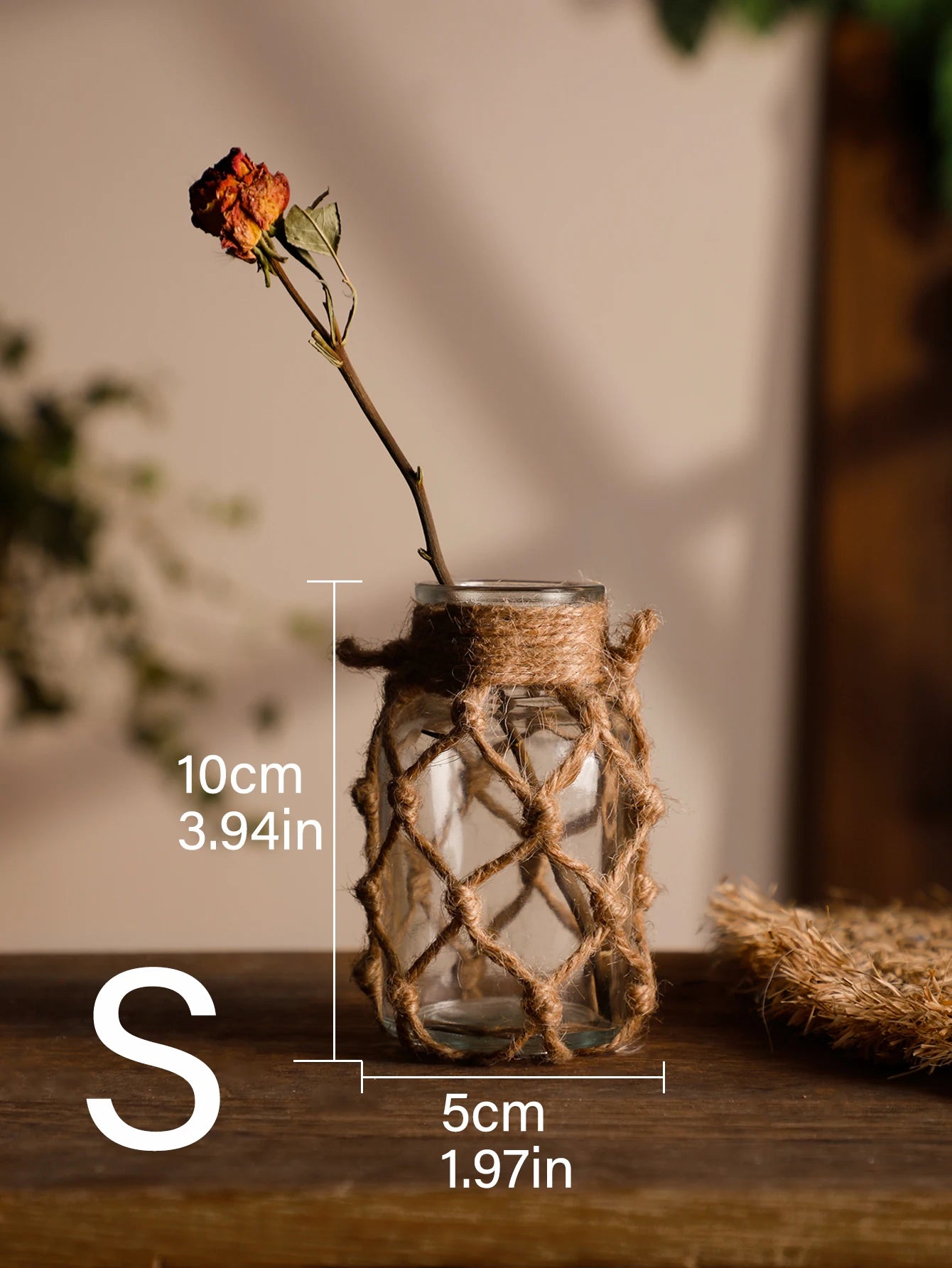 Rustic Hanging Glass Vase with Art Hemp Rope ,Rope Net Dry Flower Glass Vase,Home Transparent Living Room Decor,Table Decoration