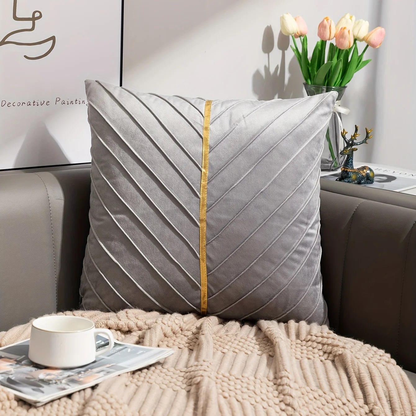1pc, Golden Velvet Embossed Square Cushion Cover - Soft AndLuxurious Pillow for Home, Bedroom, Car, and Living Room Decor