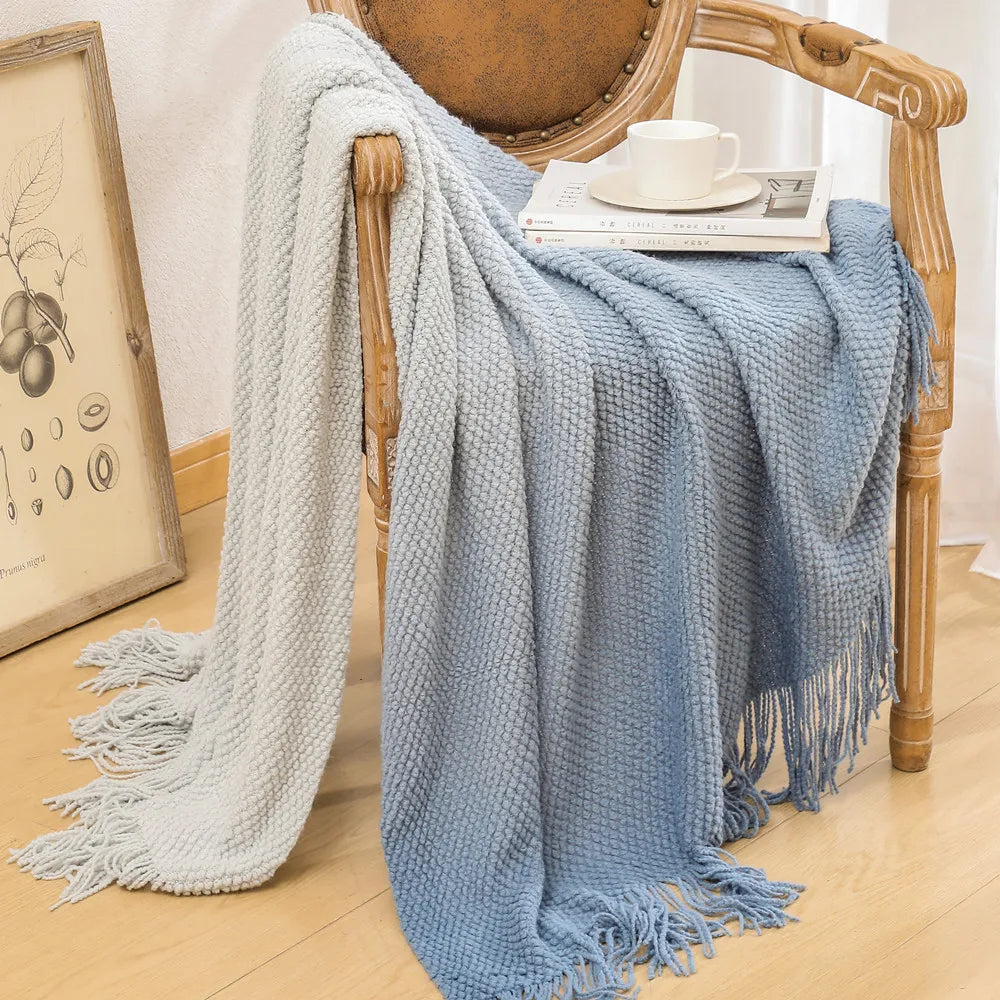 Gradient Knitted Sofa Throw Fringed Acrylic Blanket with Gradient Colors, 4 Seasons Use Soft Fleece-Like Fabric & Anti-Pilling