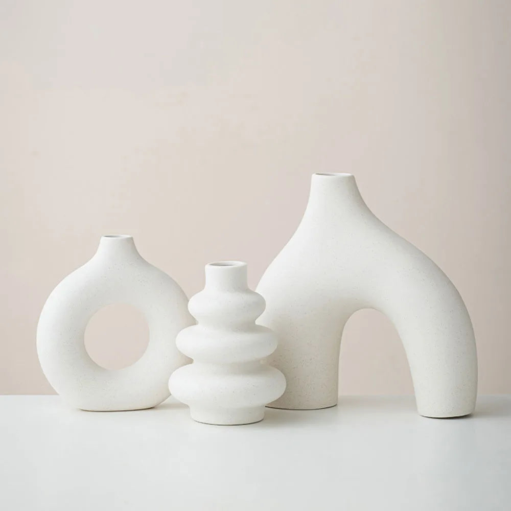 White Vase Home Decor Set of 3 Modern Vase for Table Decor, Nordic Flower Ceramic Vases for Bookshelf, Entry Way, Dining Desk