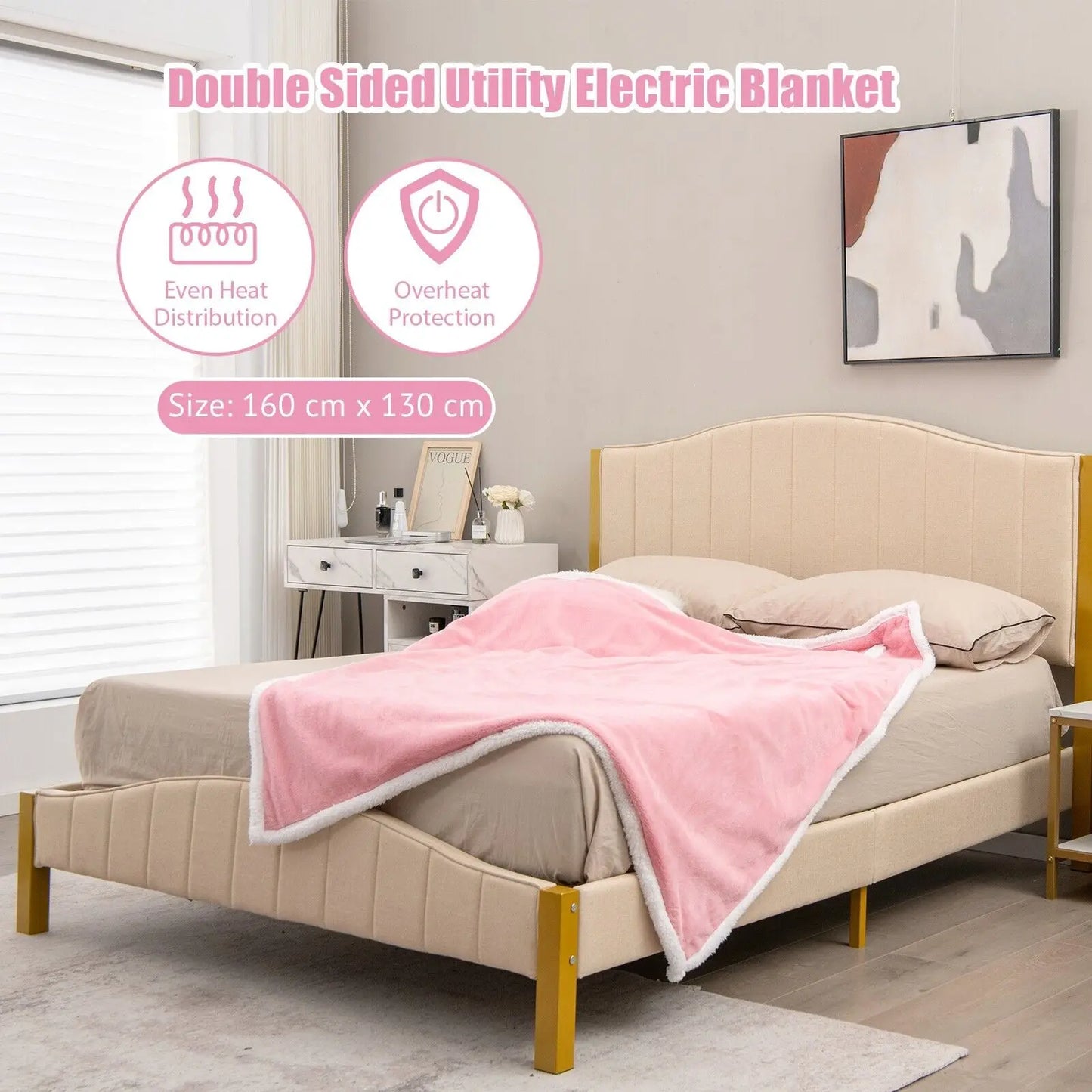 GOFLAME 160x130cm Electric Heated Blanket Throw, Cotton Wool & Rabbit Velvet Reversible Blanket w/9 Heat Settings