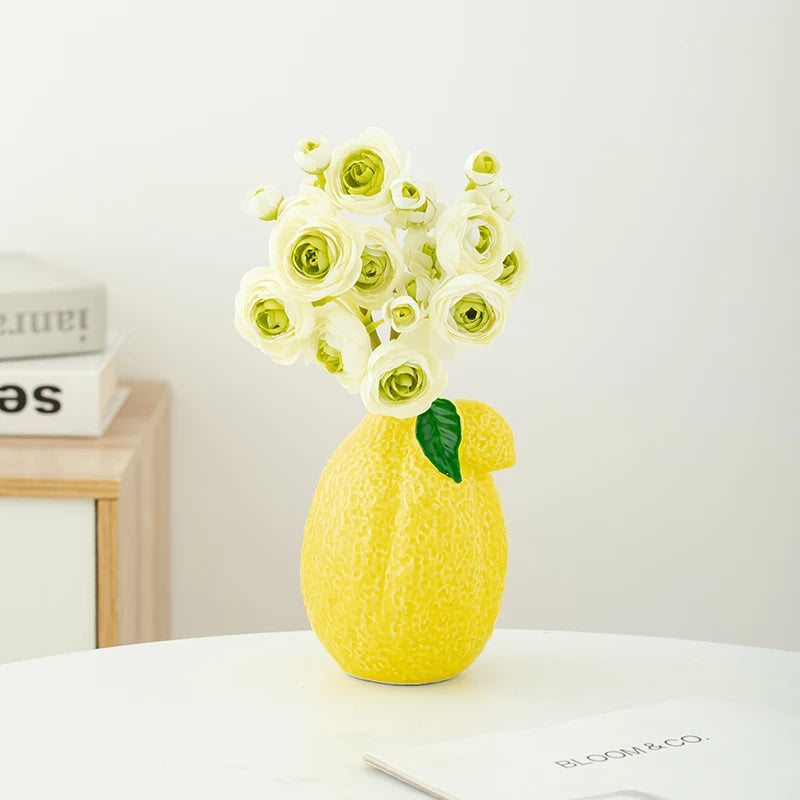 Shumen Lemon Fruit Ceramic Flower Vase for Living Room Table - Simulated Flower Arrangement Set for Luxury and Sophistication De