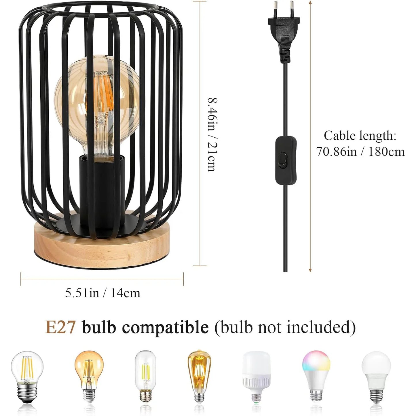 Vintage Desk Lamp,Bedside Lamp Bedroom Cage for E27 Bulb, 60W Black Wood & Metal Table Lamp for Bedroom(Bulb not included)