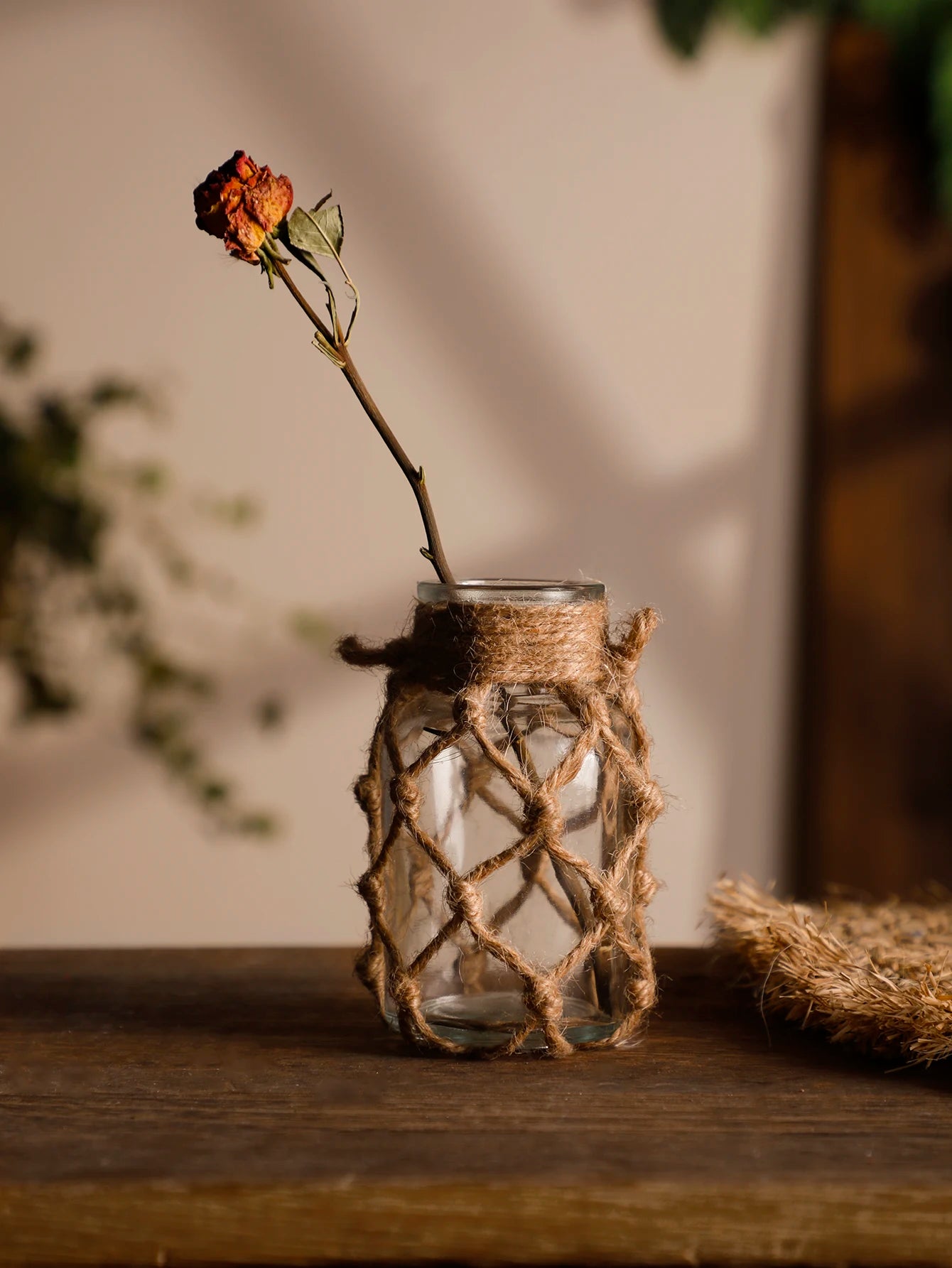Rustic Hanging Glass Vase with Art Hemp Rope ,Rope Net Dry Flower Glass Vase,Home Transparent Living Room Decor,Table Decoration