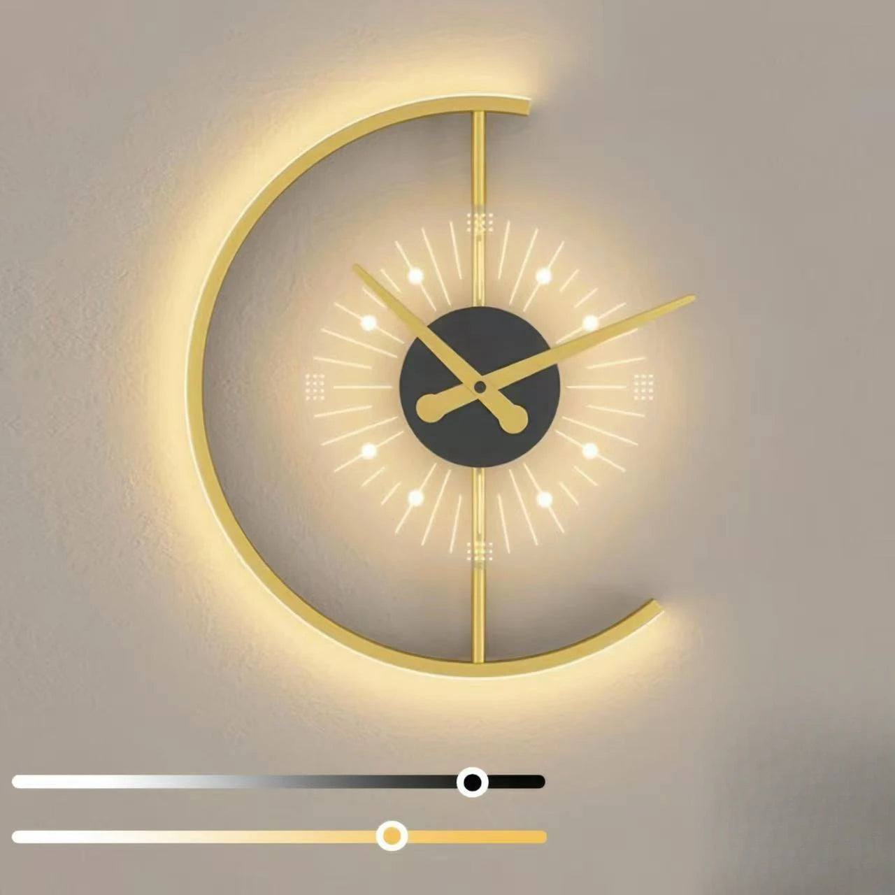Modern LED Indoor Round Wall Lamp Dimming Gold Clock Wall Light Not Real Clock, Decoration for Bedroom Living Room