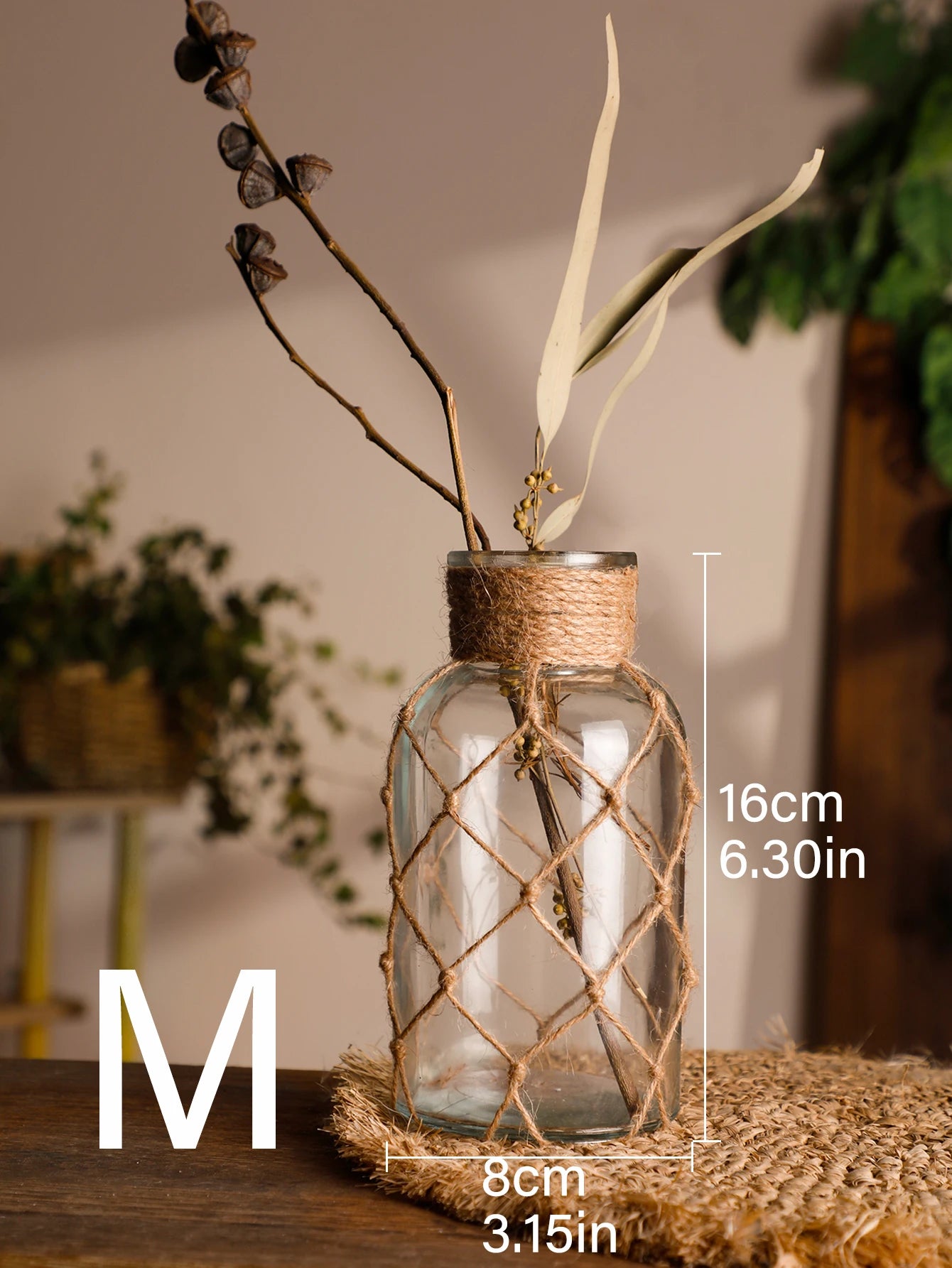 Rustic Hanging Glass Vase with Art Hemp Rope ,Rope Net Dry Flower Glass Vase,Home Transparent Living Room Decor,Table Decoration