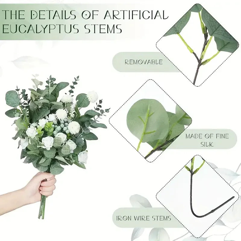 30/60pcs 3 Kinds Artificial Eucalyptus Stems Leaves Branches Silk Plant Bouquet For Vase Wedding Flower Floral Arrangement