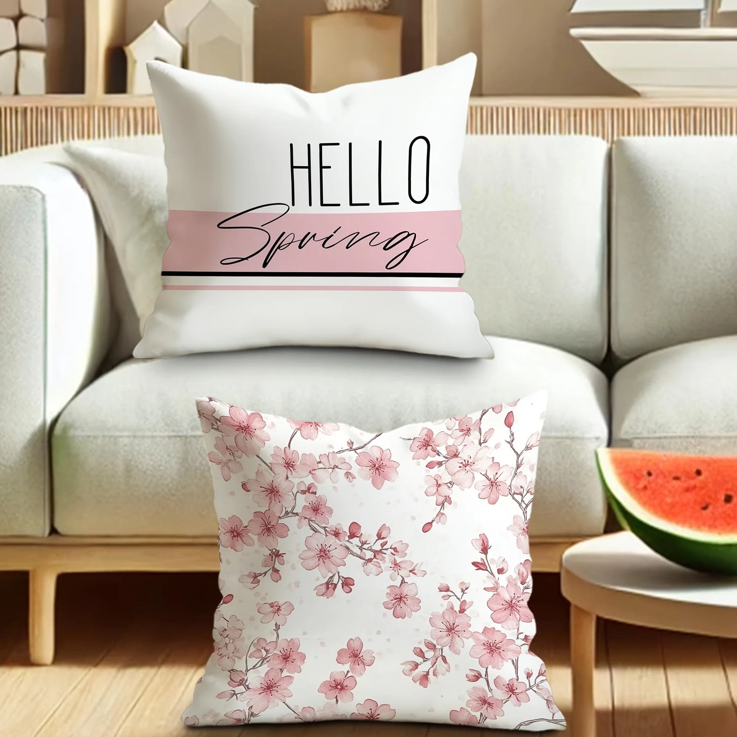 Hello Spring Floral Throw Pillow Cover Pink and WhiteSuitable for sofa car bedroom decorative cushion cover pillow cover