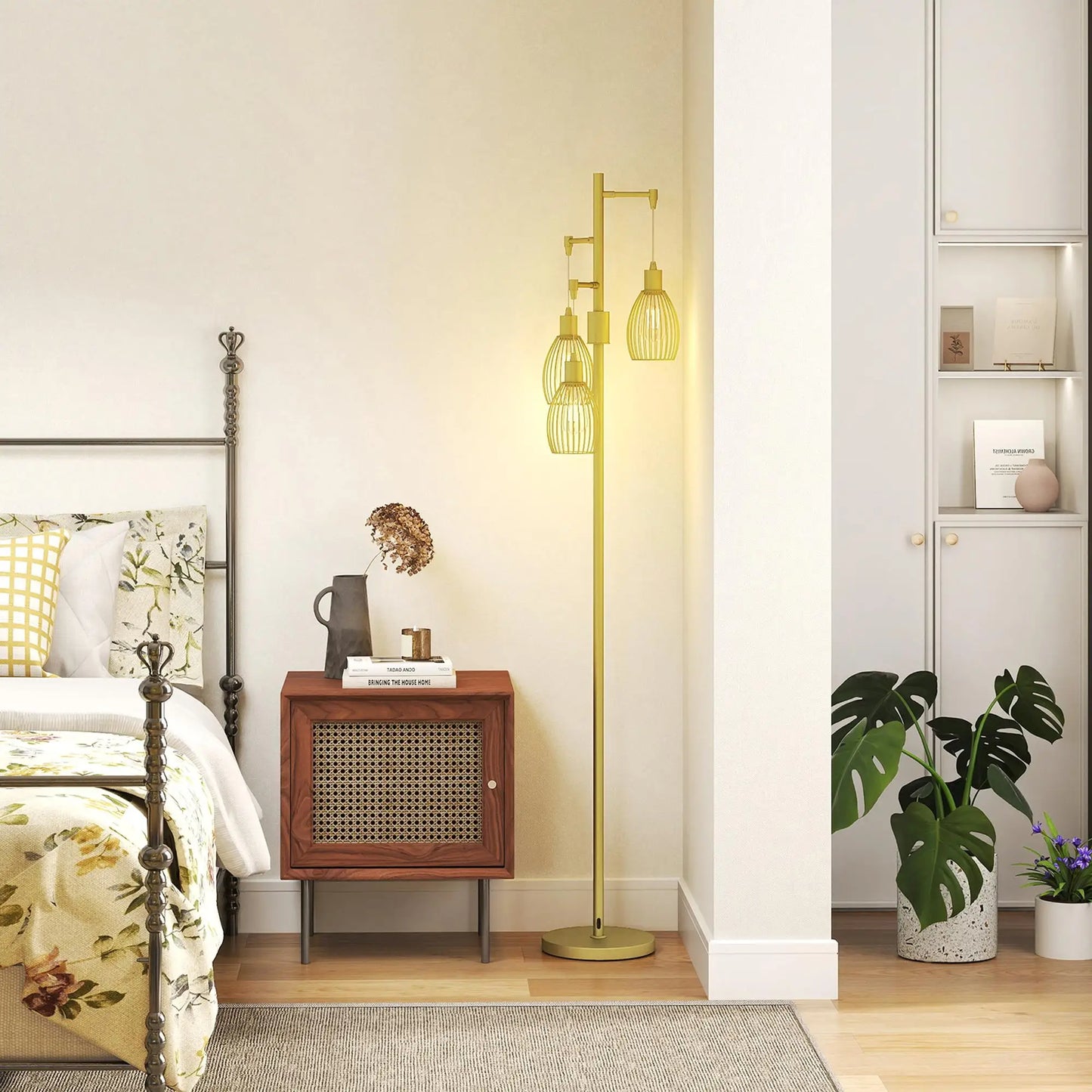Dimmable 170cm Industrial Floor Lamp with Steel Wire Cage Shades for living Room Bedroom Dining Room Study Gold Finish