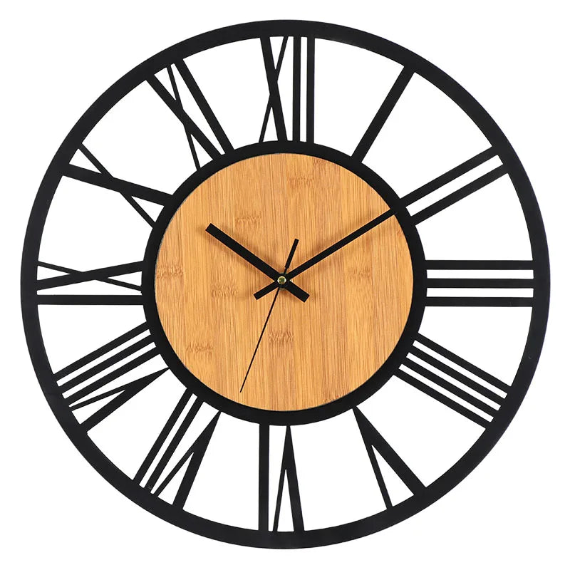 3D Large Wall Clocks Nordic Roman Numerals Retro Round Wood Metal Iron Accurate Silent Hanging Ornament Living Room Decoration