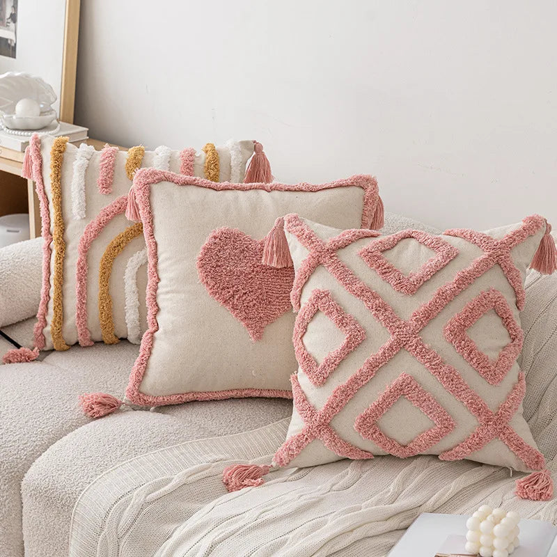 Pink Cotton Tufted Pillow Cover With Tassels Ins Sweet Decorative Pillowcase For Sofa Chic Boho Style Funda Cojin Cushion Cover