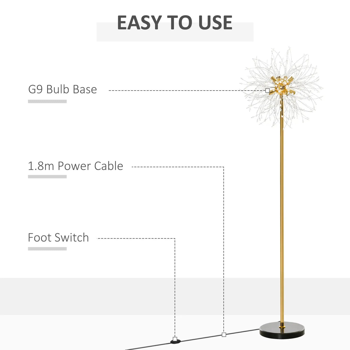 160cm Dandelion Crystal Floor Lamp with Foot Switch Stylish Home Lighting Decor Modern Design for Living Room Bedroom