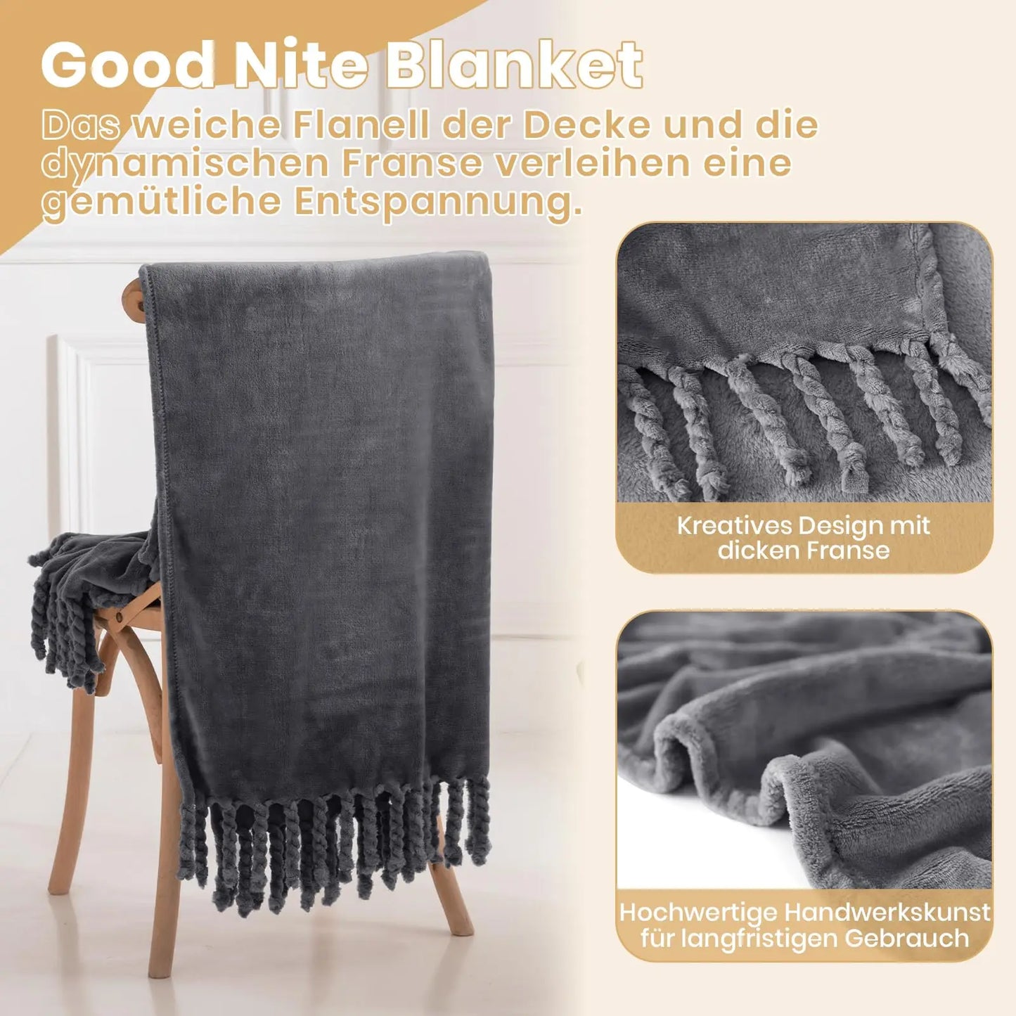 Good Nite Throw Blanket Fluffy Fleece Blanket Sofa for Bed Flannel Blankets with Fringes (127 x 152 cm, Grey)