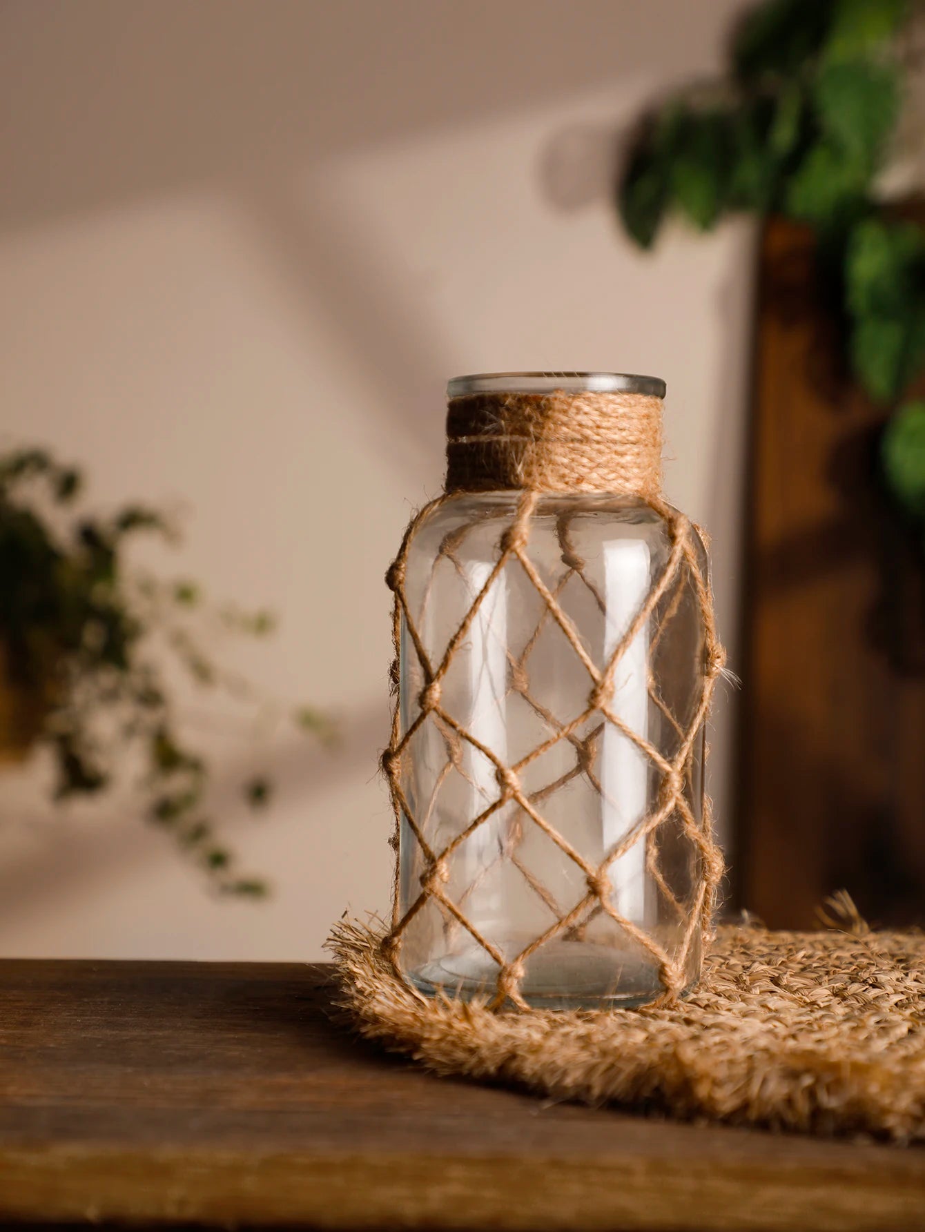 Rustic Hanging Glass Vase with Art Hemp Rope ,Rope Net Dry Flower Glass Vase,Home Transparent Living Room Decor,Table Decoration