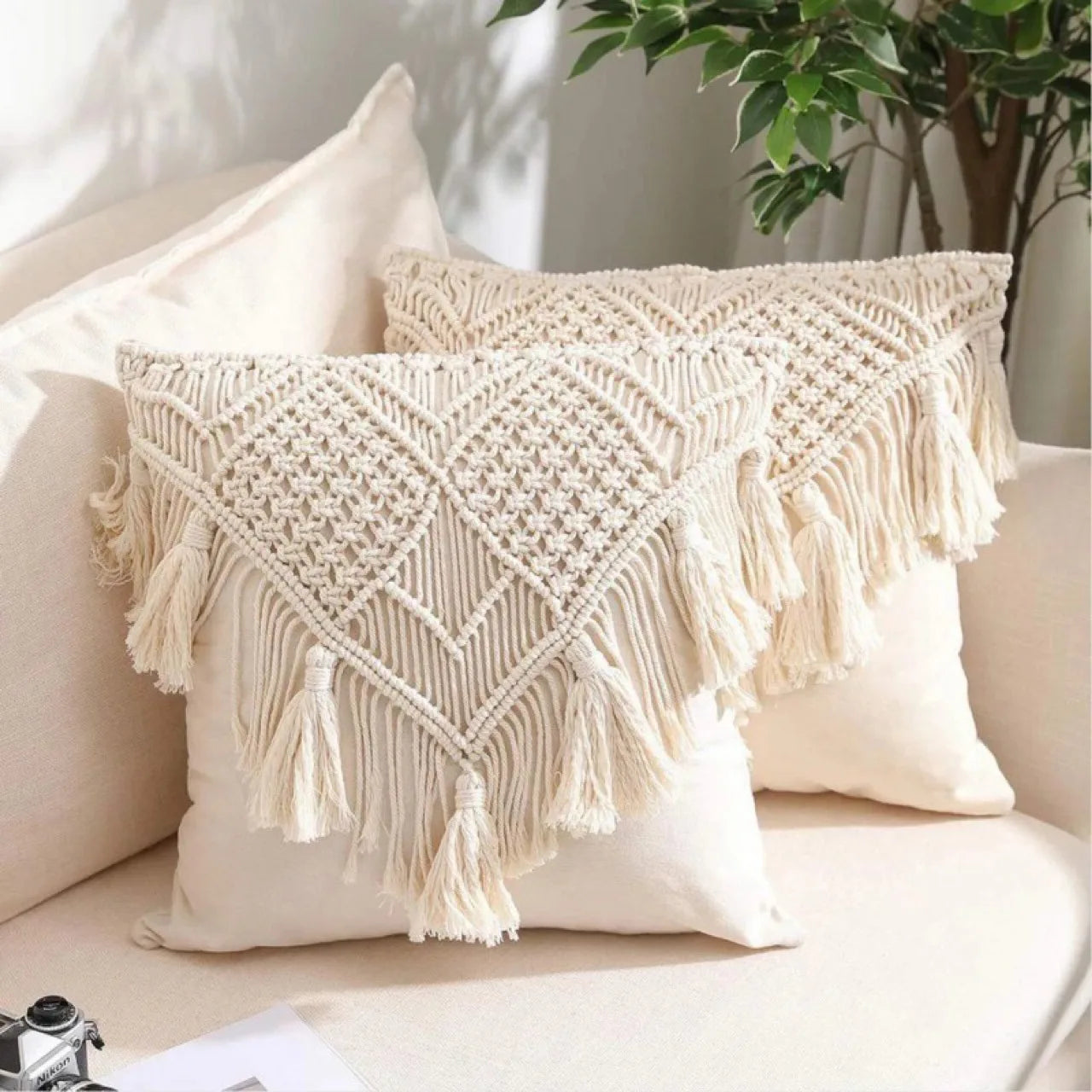 Macrame Tassel Throw Pillow Cover Boho Chic Square Cushion Case 45x45cm Decorative Woven Pillow for Sofa Living Room Bedroom
